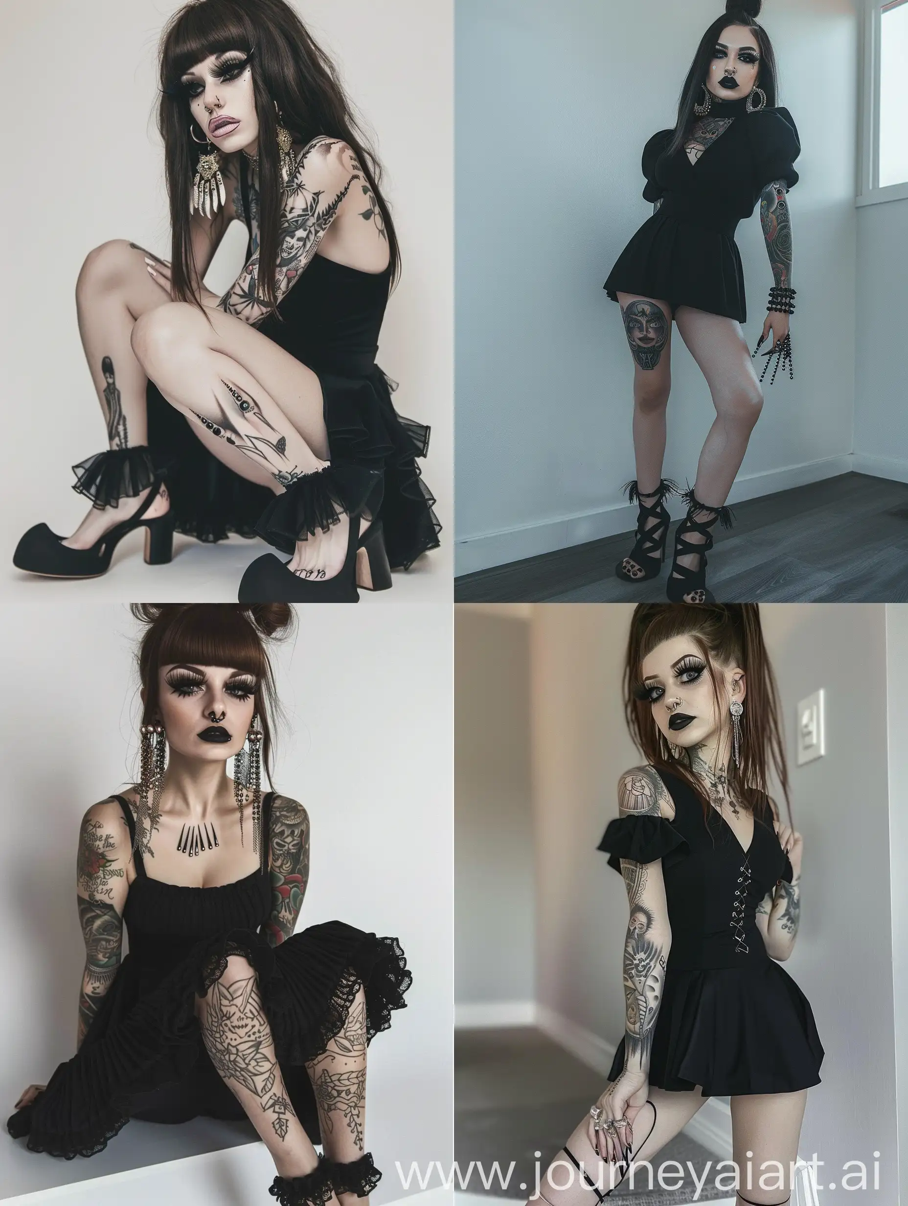 Cute girl, beautiful girl, (Goth girl with extremely long eyelashes), tattoos, fullbody photo, black dress, platform heels, european girl, huge earrings, gigantic nails
