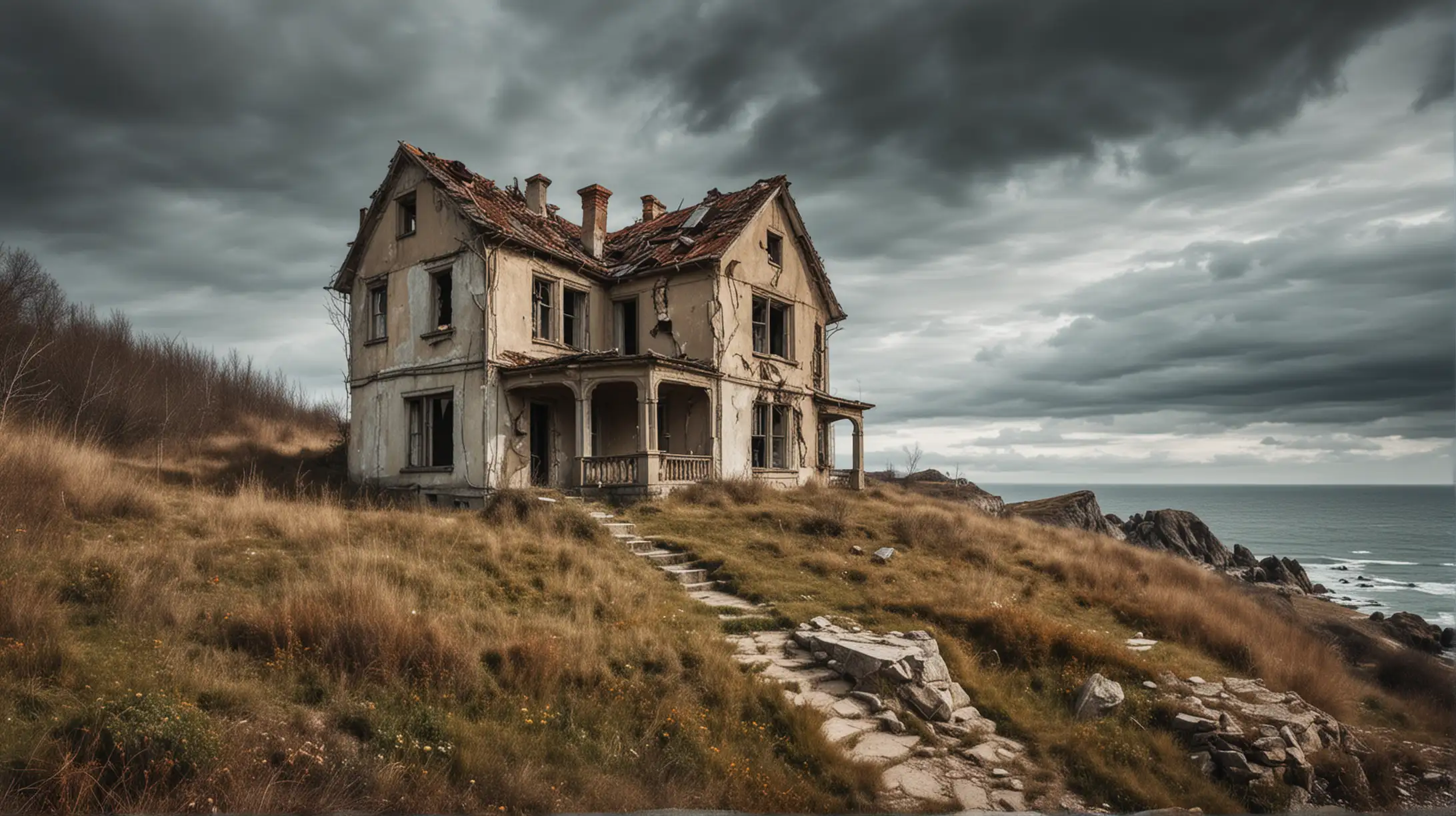 Lonely Abandoned House on Promontory Psychedelic View