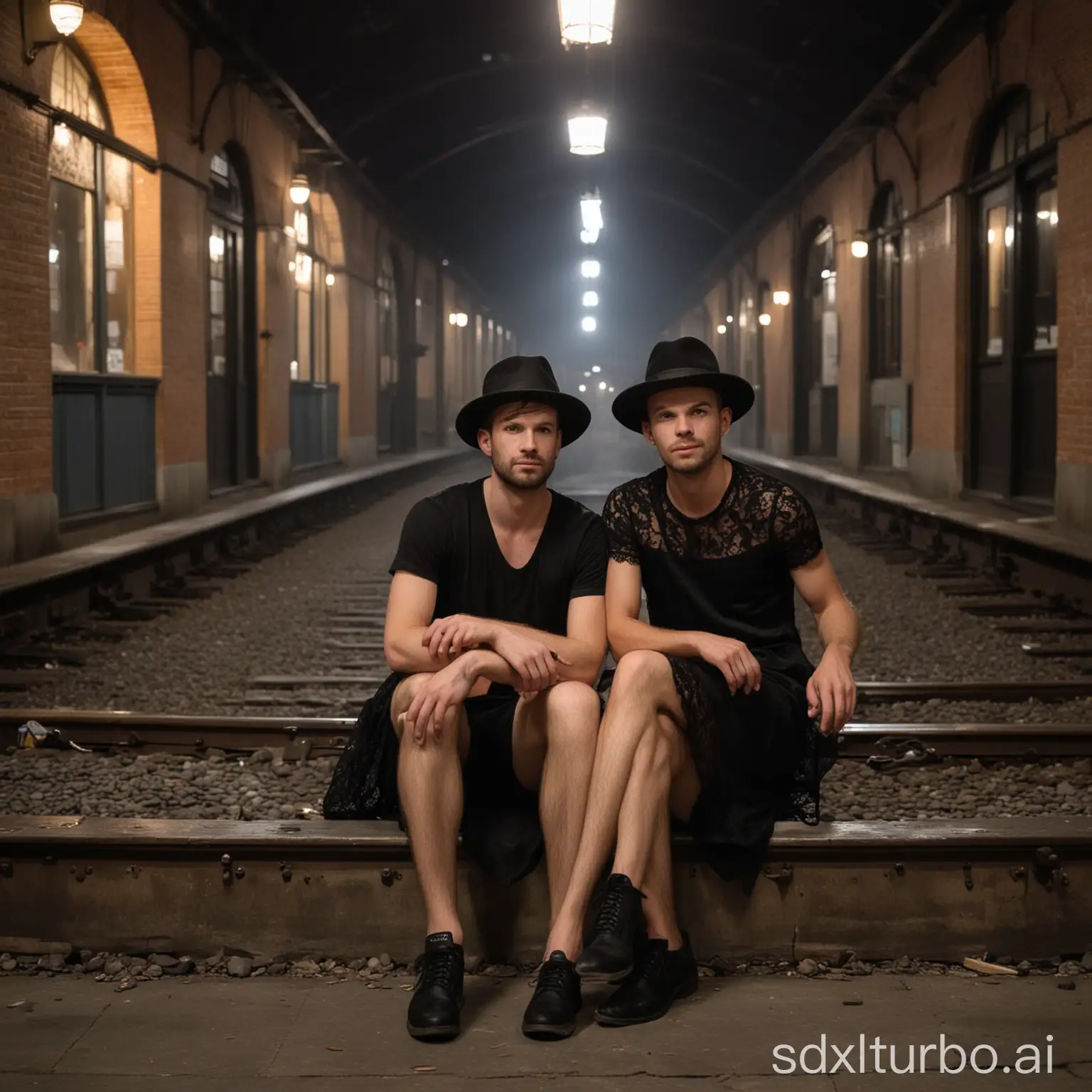 30 year old guys with a short black dress, lace and big black hat sitting at night in an old train station without lights.