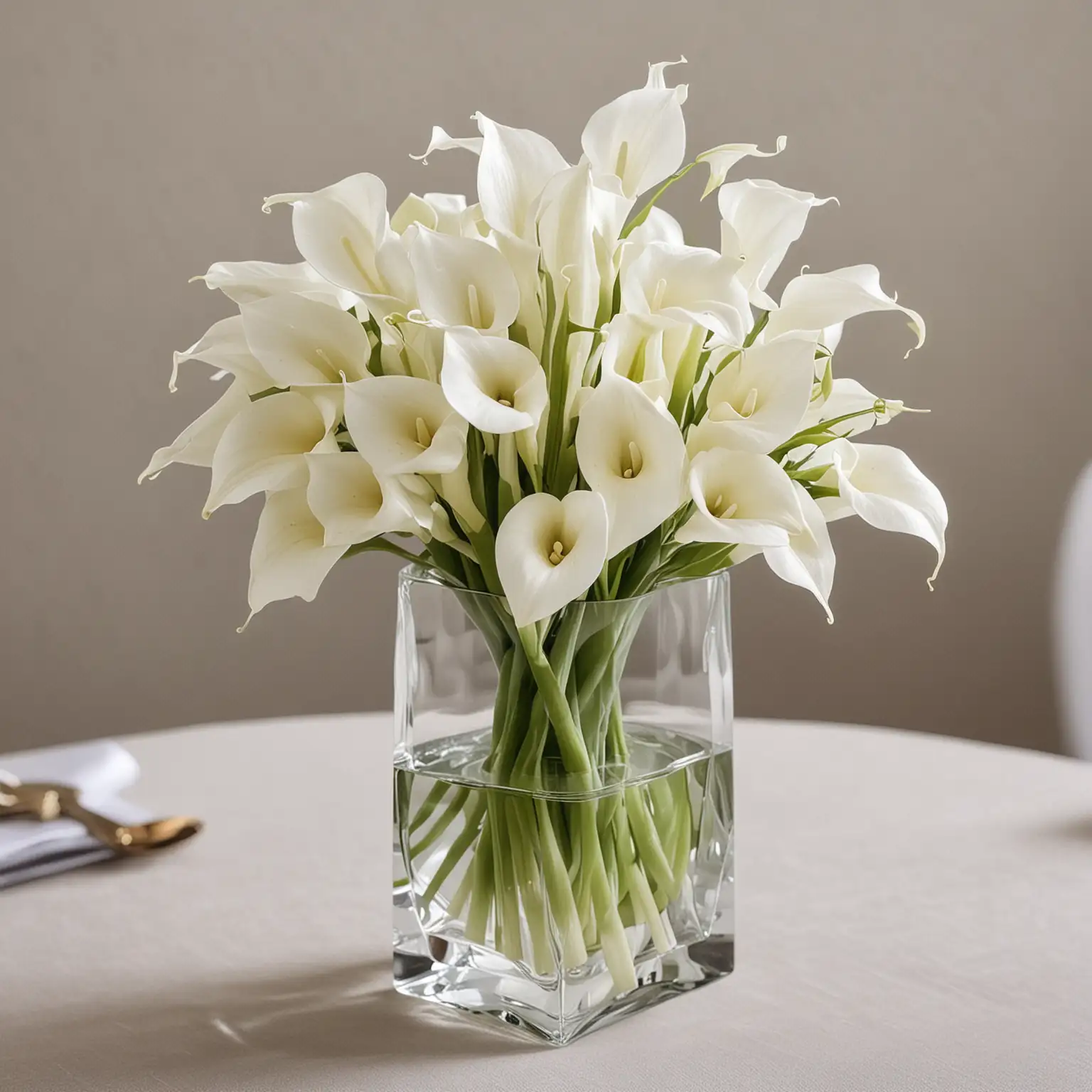 modern summer wedding centerpiece using a cleek vase that has a clear and white geometric pattern, and is filled with a small white calla lily bouquet