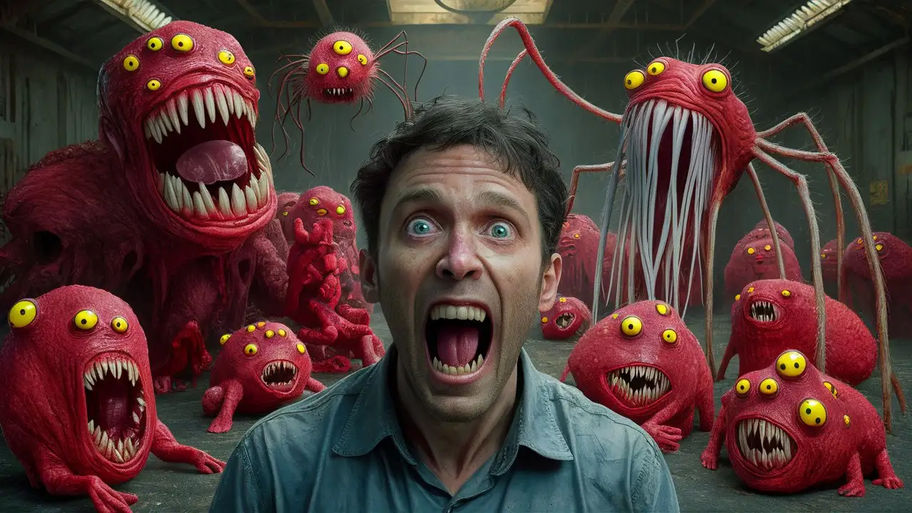 Terrified Man Surrounded by Red Flesh Monsters in Creepy Factory Setting