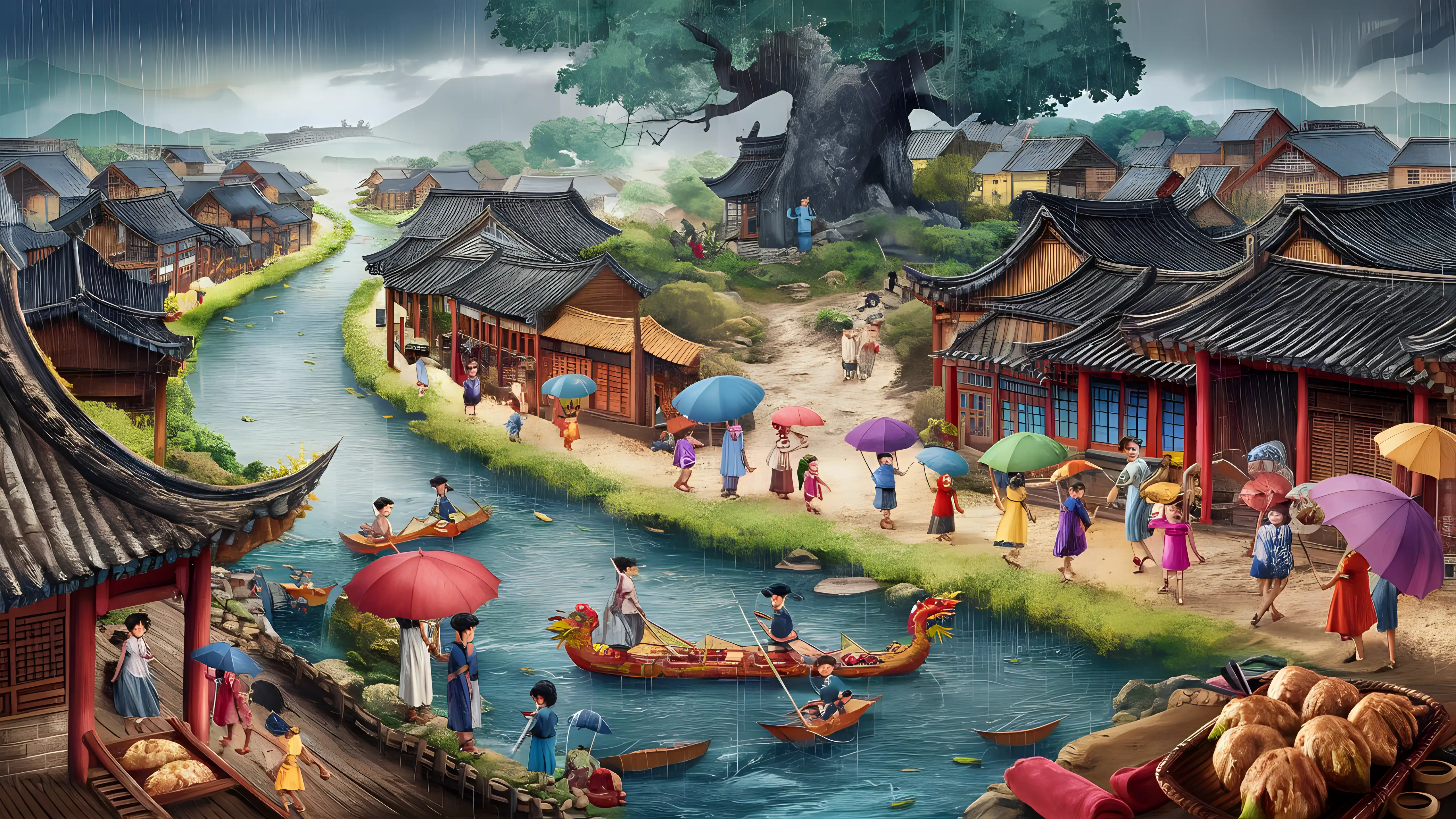 Song Dynasty Courtyard Celebration Dragon Boat Racing in Summer Rain