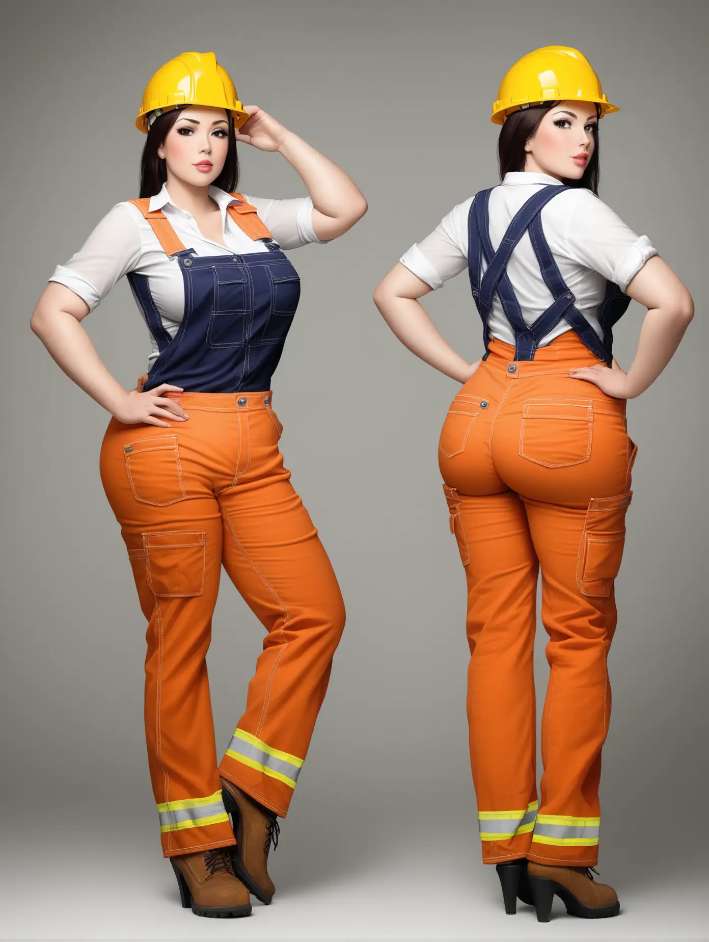 Sensual picture of a hot girl, age 30, builder outfit, big ass, 2 poses, full body