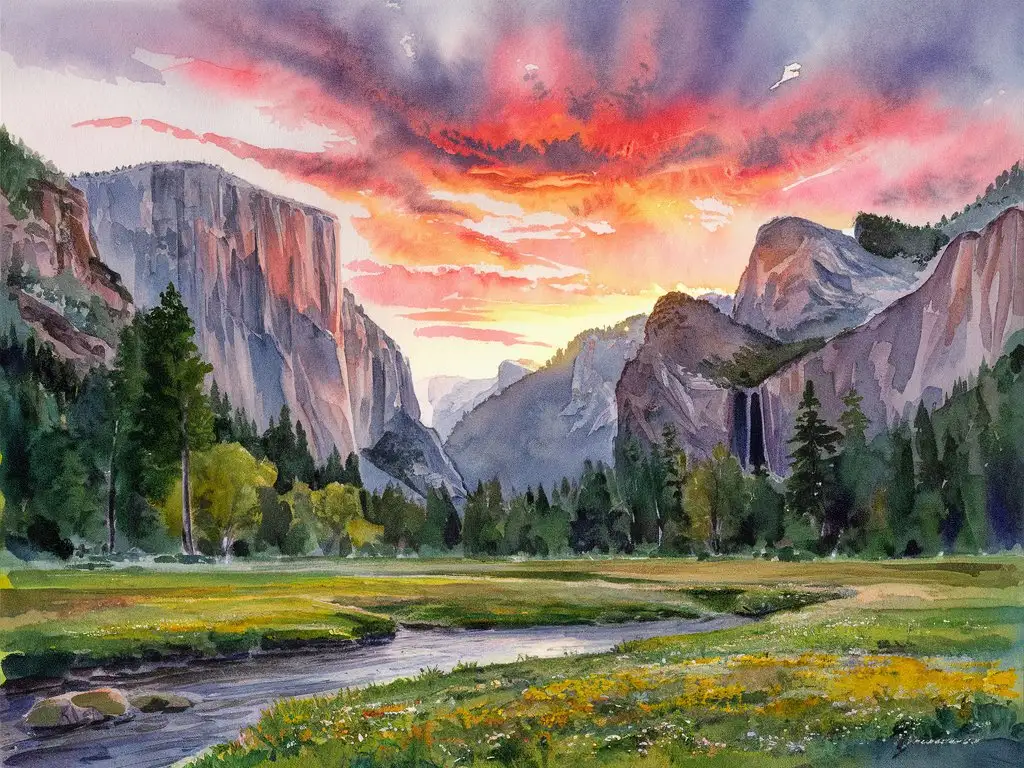 Yosemite Sunset Watercolor Landscape Painting