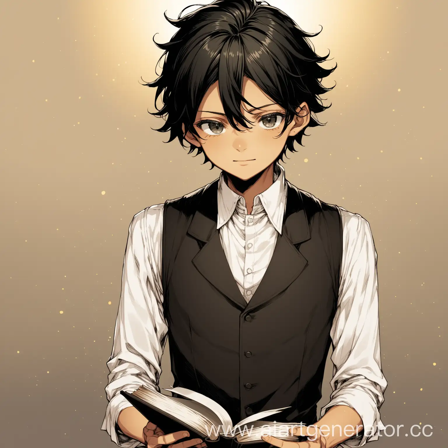 The Promised Neverland, man, long black hair, dark eyes, shirt, vest, book