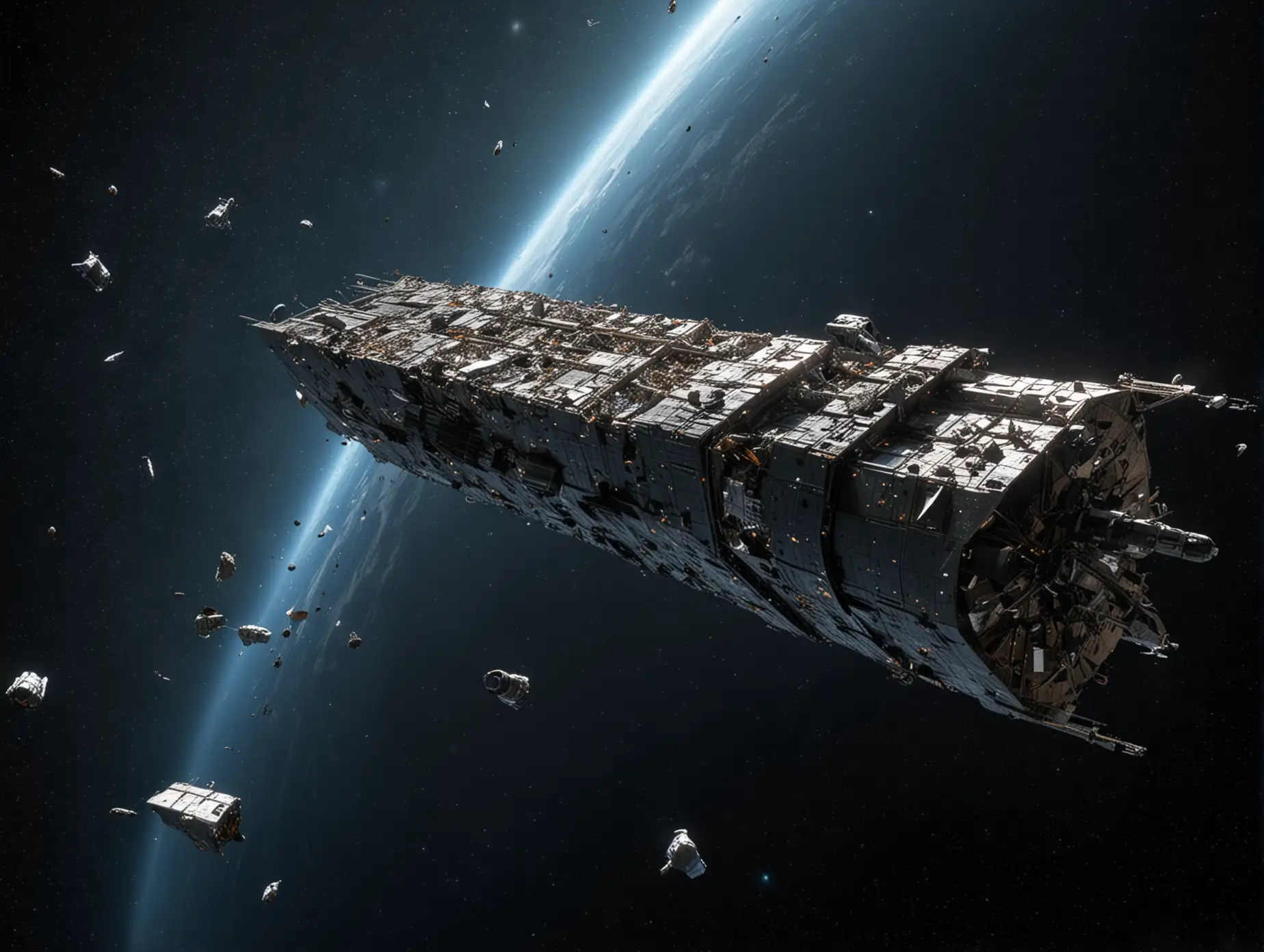 ship collecting space debris, in space, large long rectangular ship