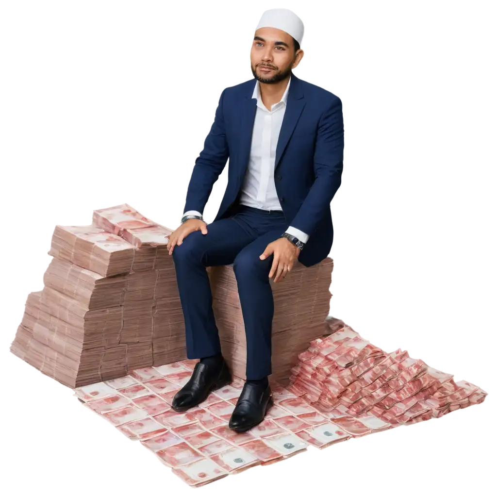 Muslim rich man sitting on a pile of  Indonesian red 100.000 rupiah money