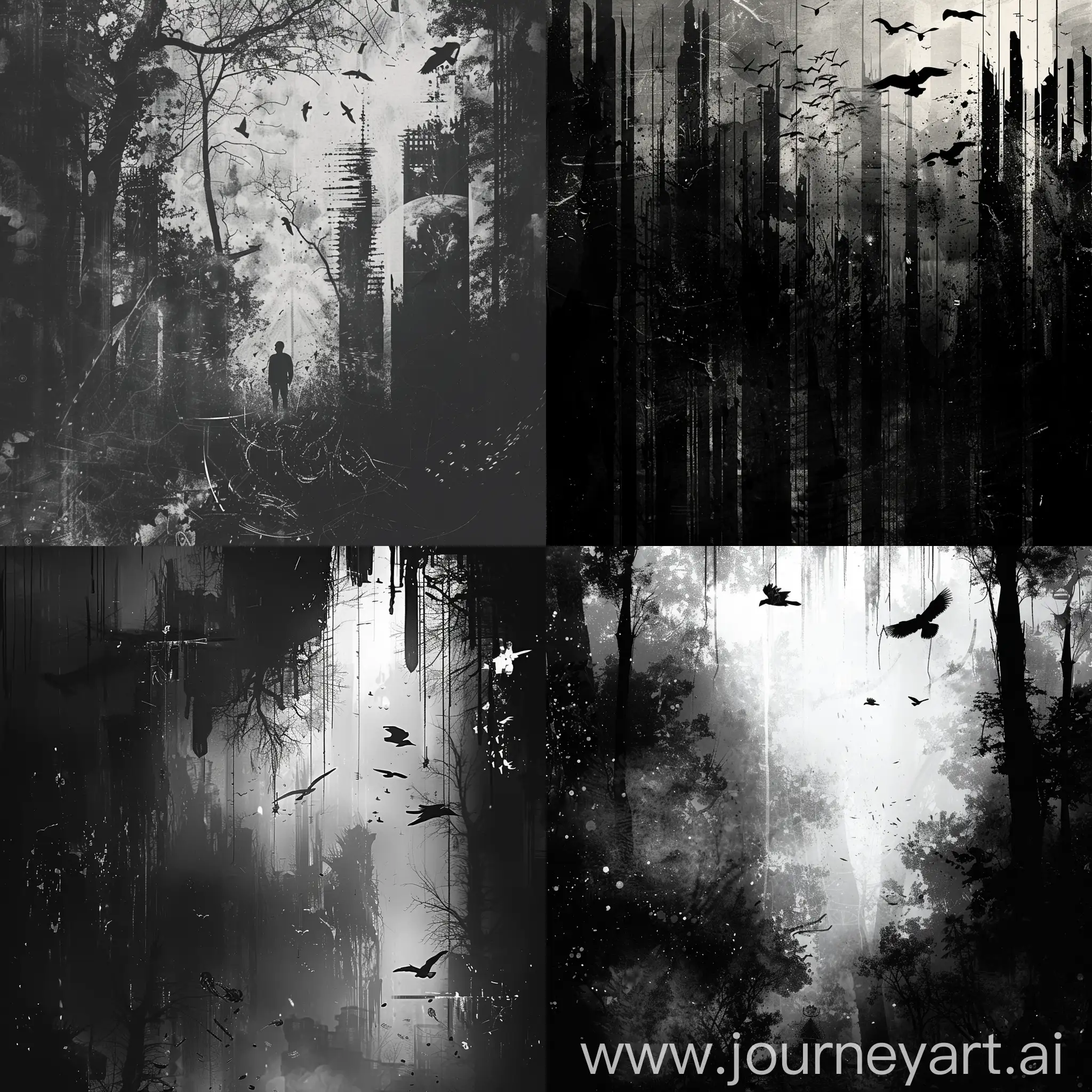 Чёрно-белый мрачный лес в стиле киберпанк с элементами техно, музыкой и птицами