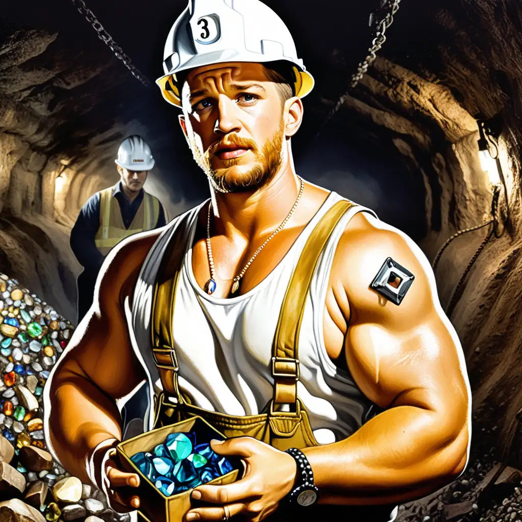 Tom Hardy, holding gems, working in the mines, wearing a hard hat, white singlet, retro style artwork