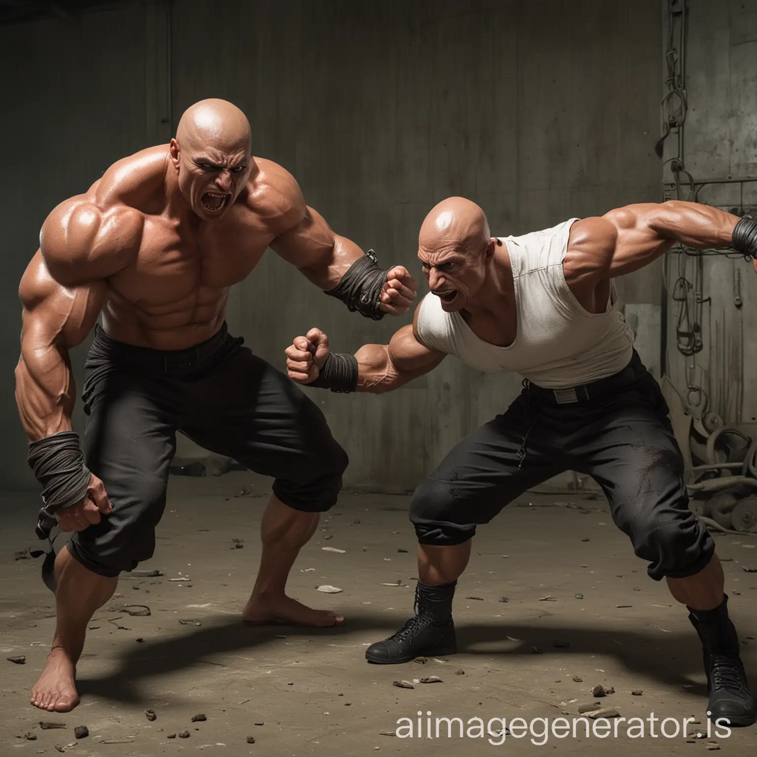 1 muscular person getting kidnapped by a muscular villian