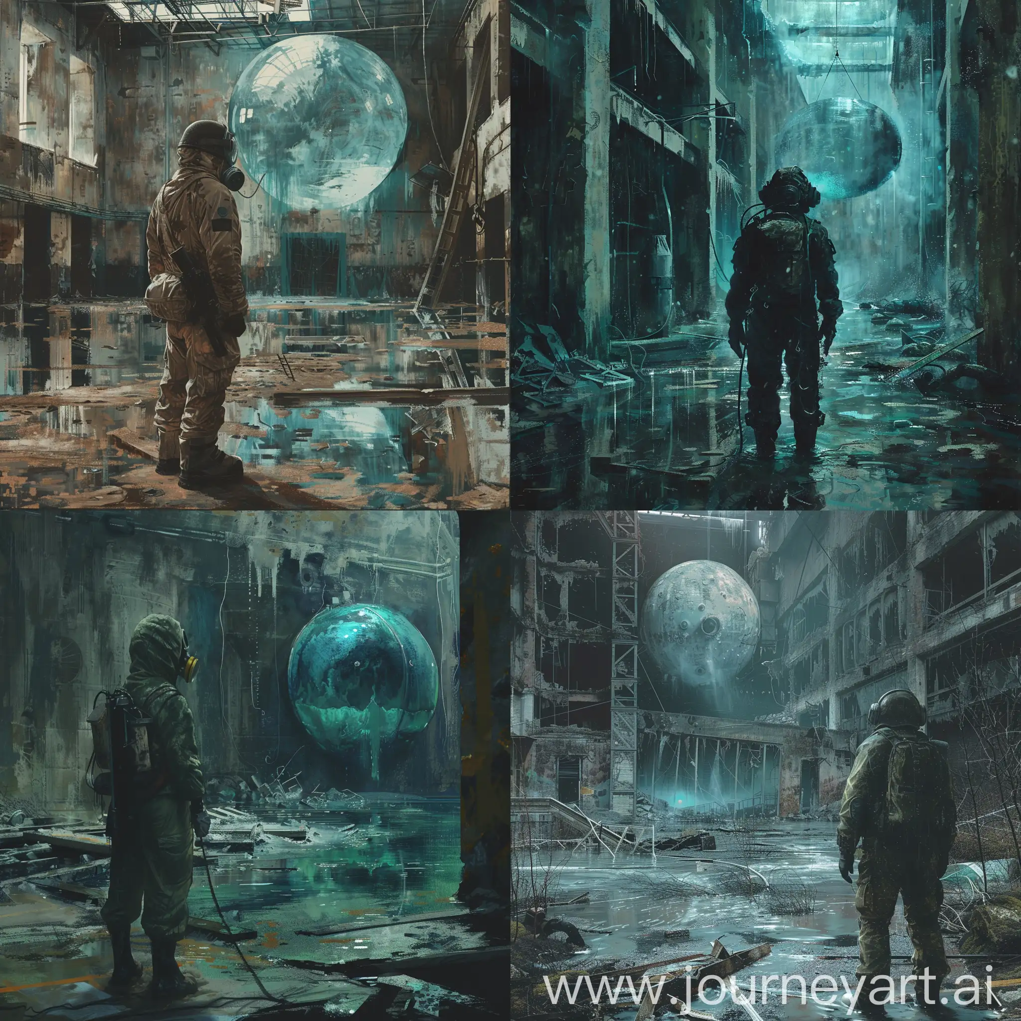 Stalker art, stalker stands in a ruined flooded Chernobyl building not far from a large anomaly similar to a blue bubble, stalker is dressed in a chemical protective jumpsuit with a gas mask and gloves, the gas mask is connected by a breathing tube with a small breathing balloon located on the back of the stalker.