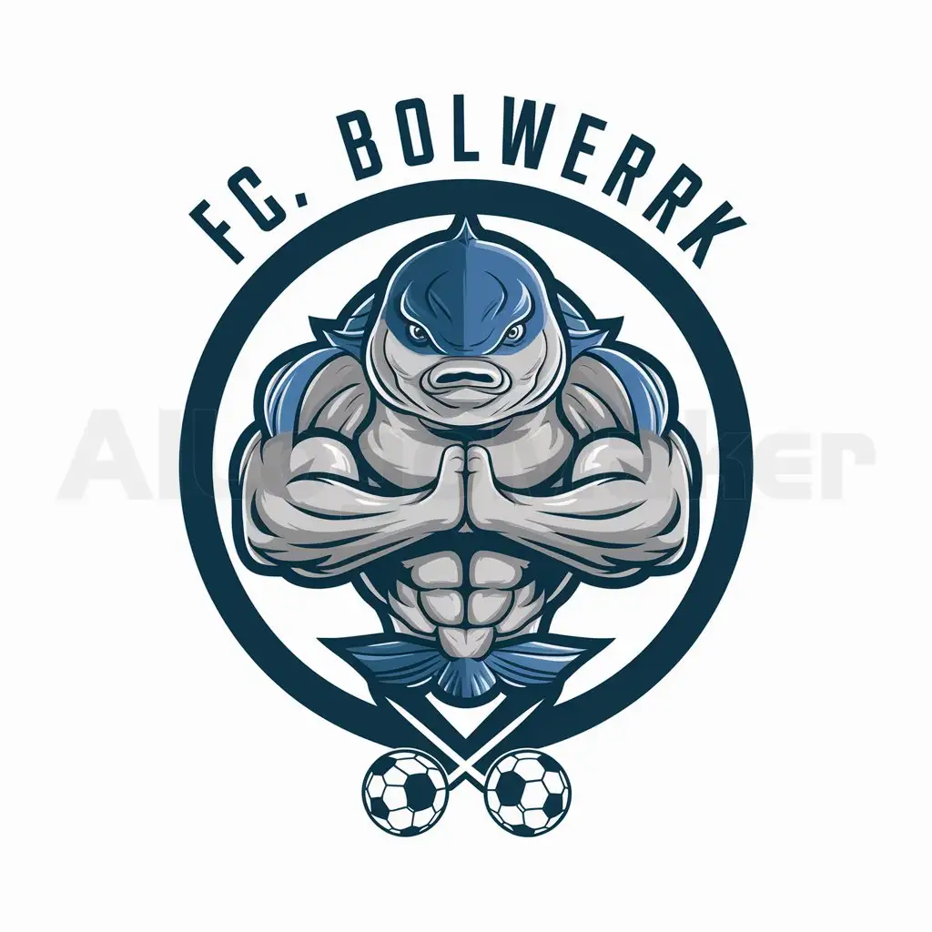 Logo-Design-For-FC-Bolwerk-Powerful-Carp-Fish-with-Muscled-Arms-and-Soccer-Balls