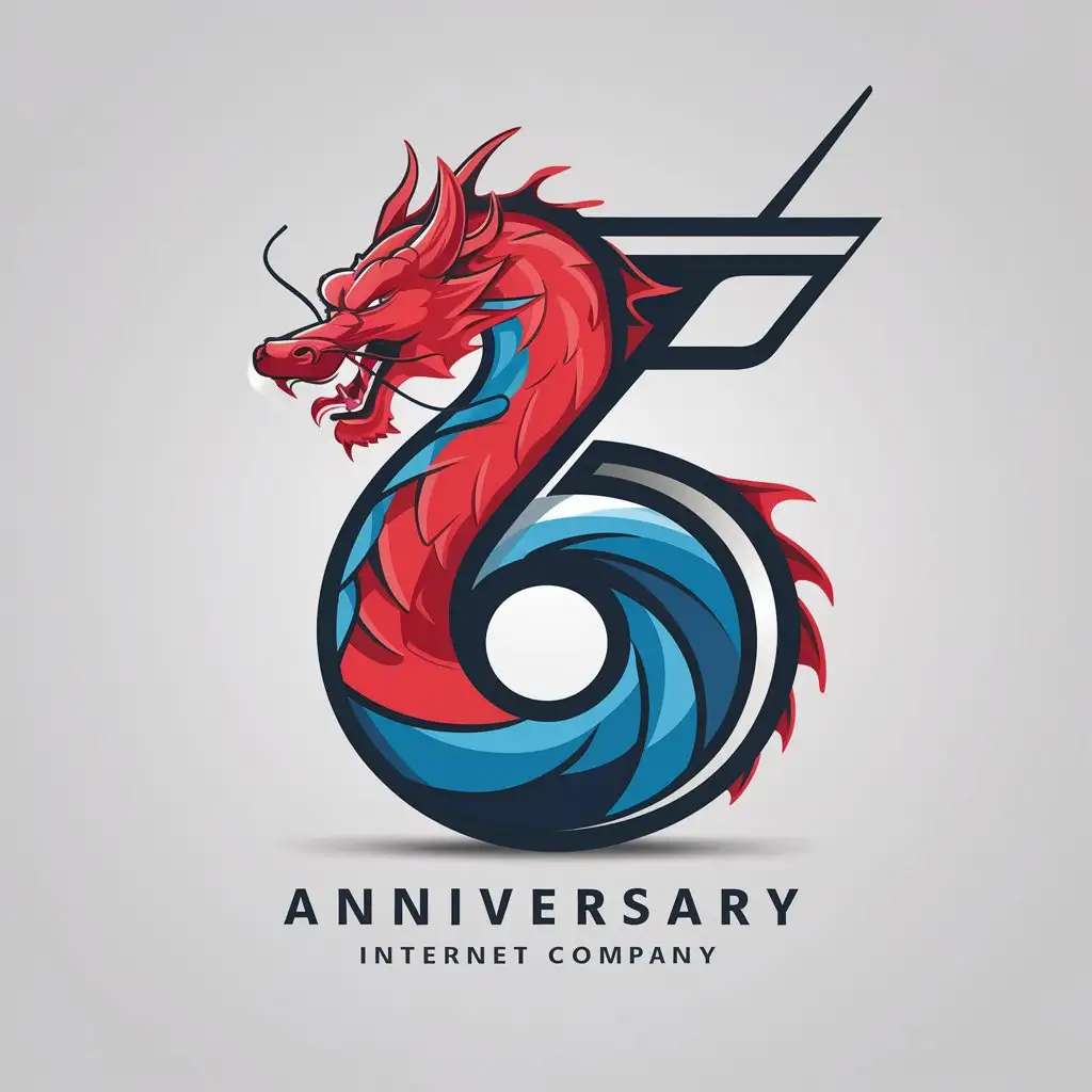 a logo design,with the text "6th anniversary", main symbol:6，Chinese style，fight against the odds, red blue color tone,Moderate,be used in Internet industry,clear background