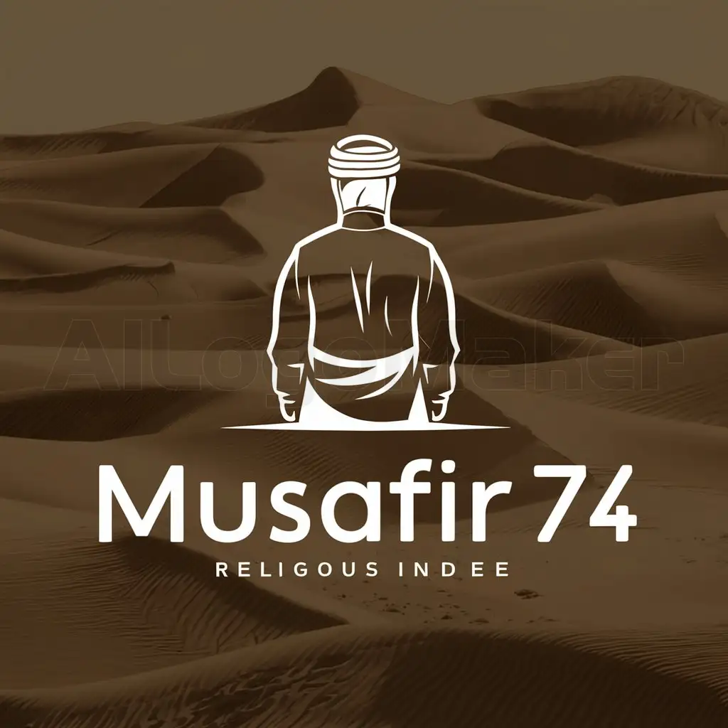 a logo design,with the text "musafir74", main symbol:muslim from behind on a desert backdrop,complex,be used in Religious industry,clear background