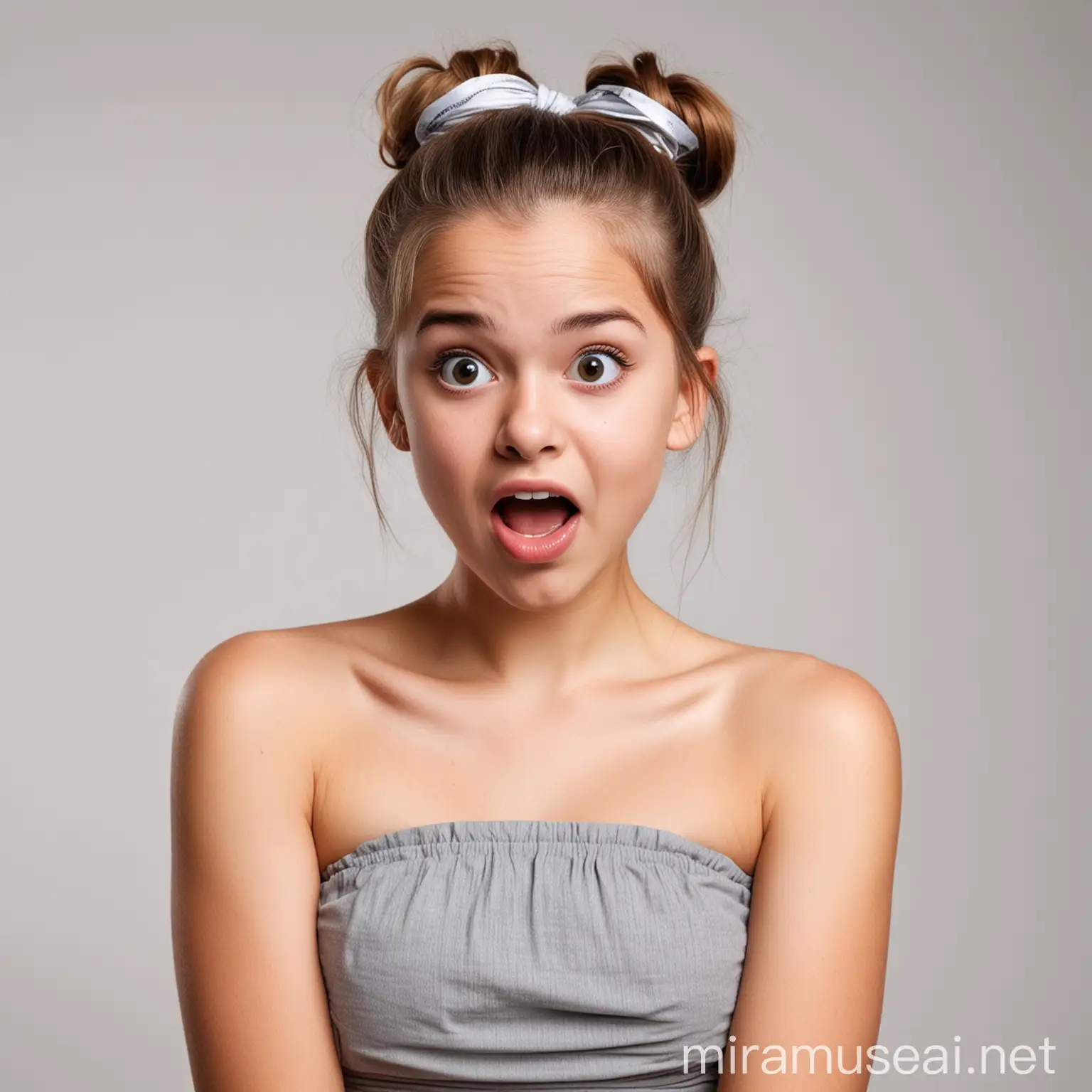 Surprised Girl in Strapless Top on White Background