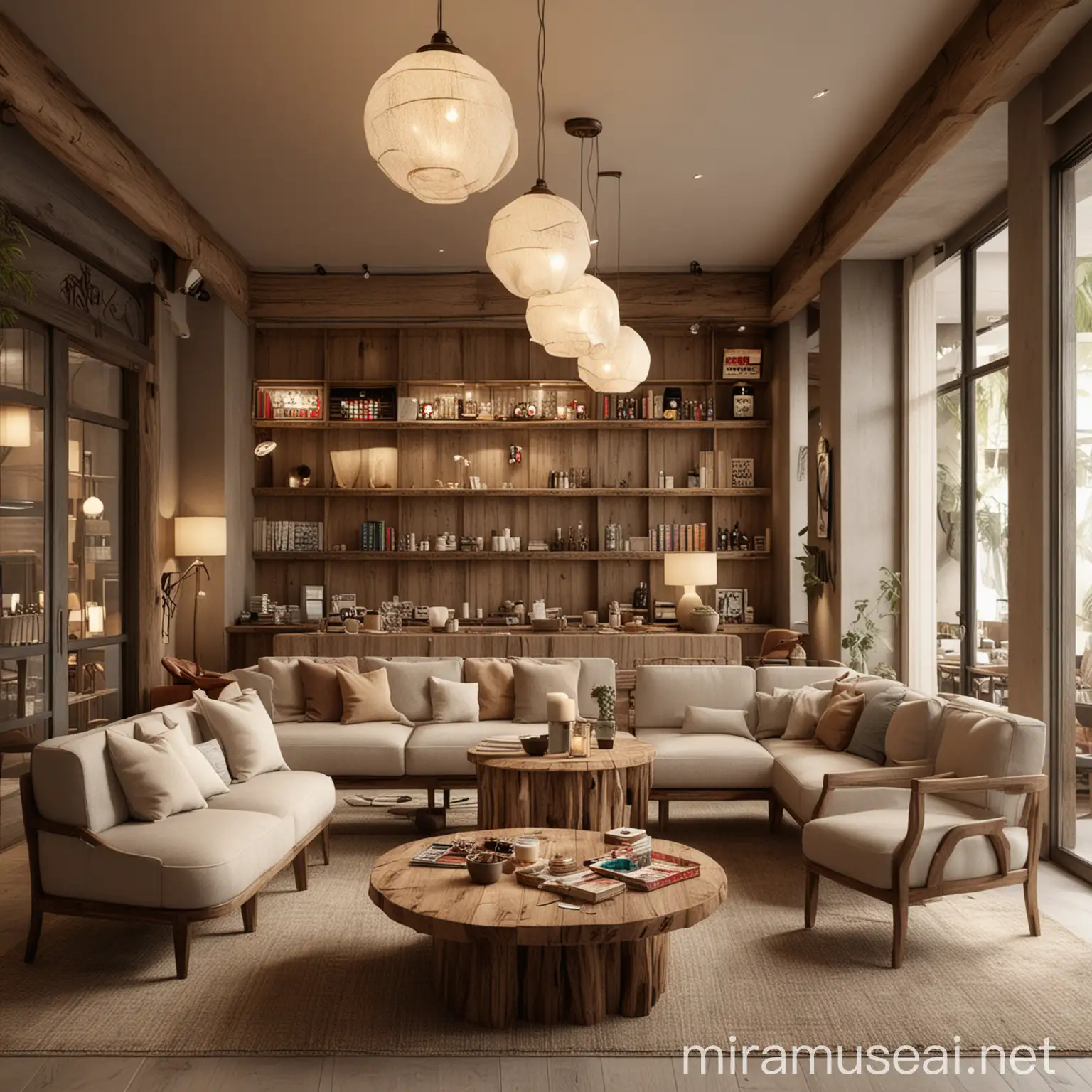 Vintage Chic Hotel Lobby with Cozy Seating and Board Games