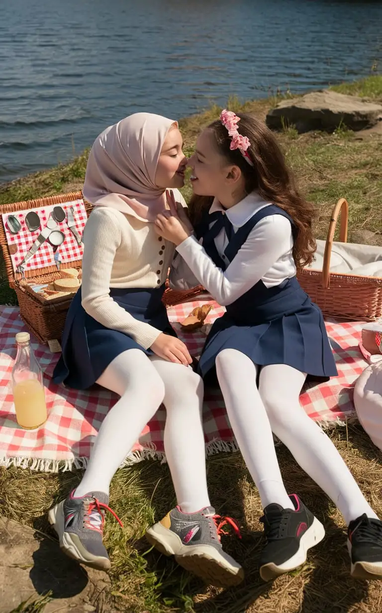 Two girls, 14 years old, a hijab, tight blouse, navy blue
school skirt, white opaque tights, sport shoes.  beautiful. Sits on the bank, pink plump lips, romantic, make picnic