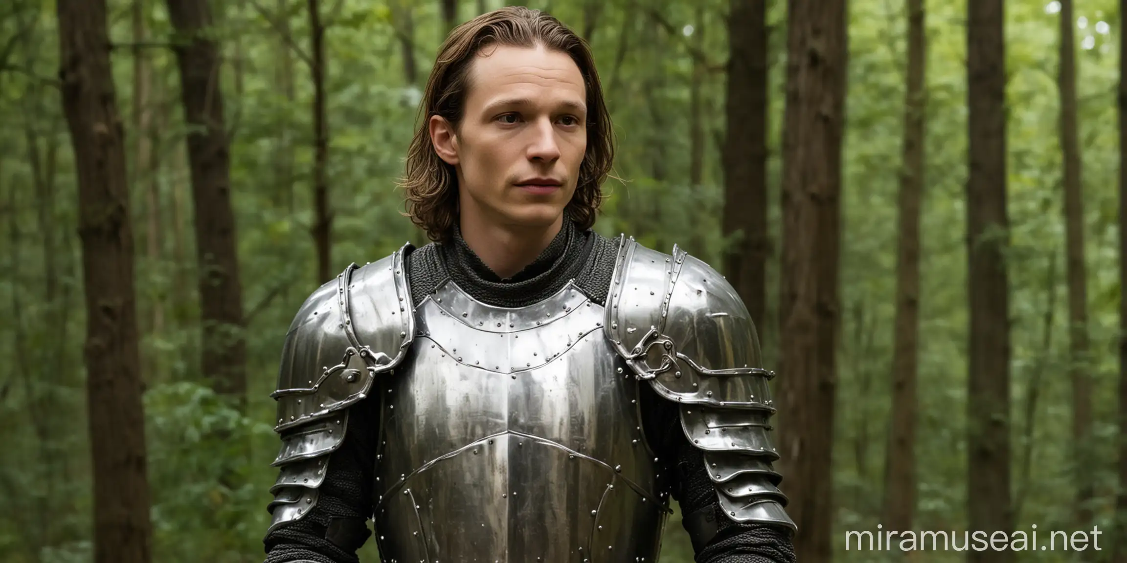 Handsome Actor Mike Faist wearing a suit of knightly armor in a forrest background