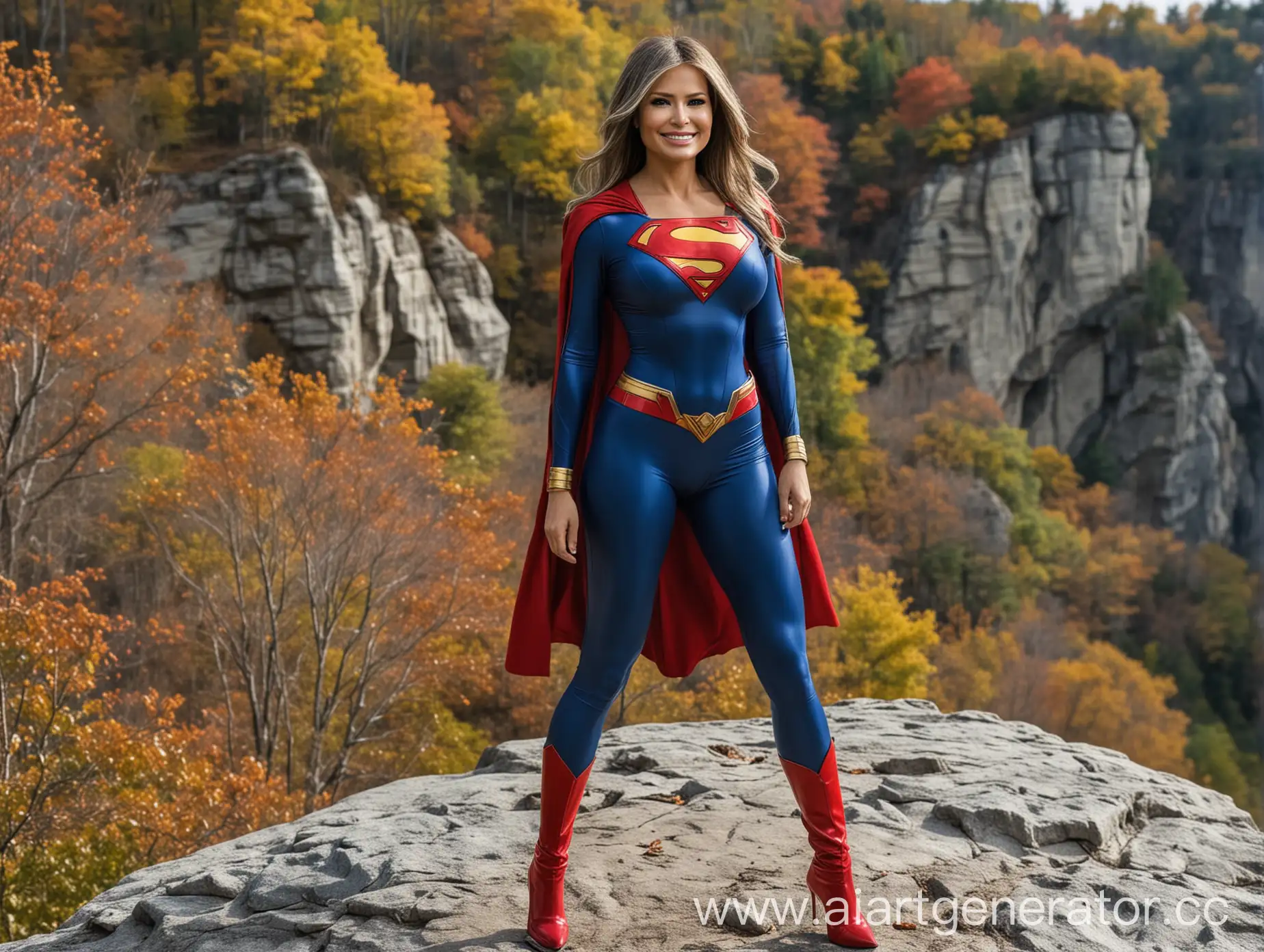 ultra detailed,same style , open green hair, smiling real look 28yearsold Melania Trump ,whole superlong leg body show, supergir wear superman blue suit,real lookhandfingers, , f cup,whole body show, sharp high cliff,dense forest around,autumn,cloudy,