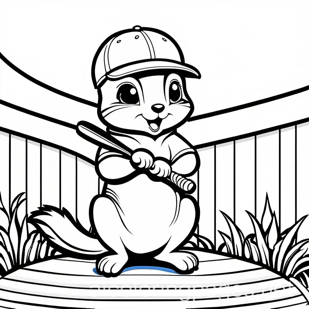 a cute chipmunk playing baseball, simple, children's, Coloring Page, black and white, line art, white background, Simplicity, Ample White Space. The background of the coloring page is plain white to make it easy for young children to color within the lines. The outlines of all the subjects are easy to distinguish, making it simple for kids to color without too much difficulty