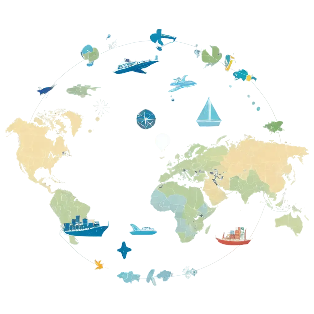 world map with container ships and cargo planes as globe shape