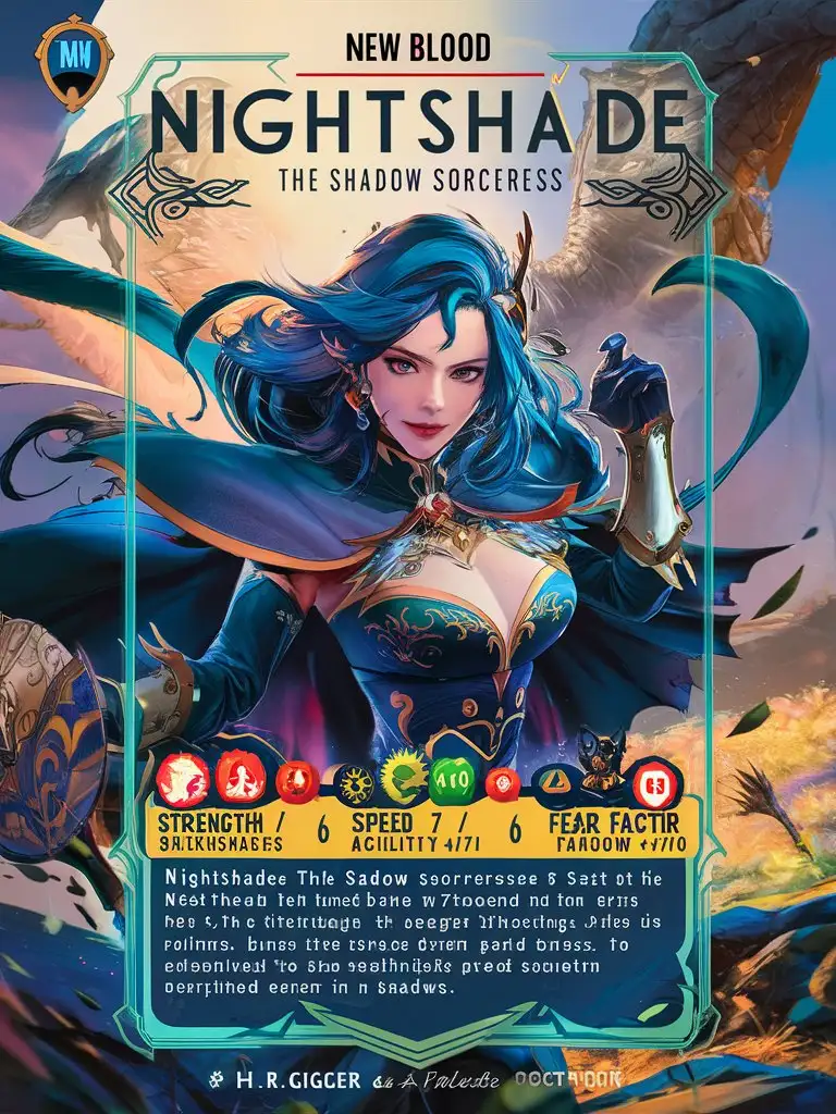 "Create a premium collectible trading card design for 'New Blood' featuring 'Nightshade the Shadow Sorceress'. Include the following elements: * Card name: 'Nightshade the Shadow Sorceress' in bold text * Stats: + Strength: 6/10 + Speed: 7/10 + Agility: 8/10 + Fear Factor: 7/10 * + Description: A master of dark magic and manipulation, Nightshade commands the shadows to do her bidding. Her spells ensnare enemies in tendrils of darkness, draining their life force with each passing moment. + Card details: + Manga-style artwork with 8k/16k visuals + UHD palette with vibrant colors + Intricate details and H.R. Giger-inspired surrealism + Hero-style fantasy scene with natural lighting + Imagery inspired by Tim Burton's twisted hero aesthetic + Rendered with Octane rendering * Premium 14PT card stock with authenticated design * UHD atmosphere and intricate details throughout the design Format the design with a standard trading card layout, including space for a holographic foil or other premium finishes. Please ensure the design is breathtaking, with a bad-picture-chill-75v effect, and a ral-dissolve finish."