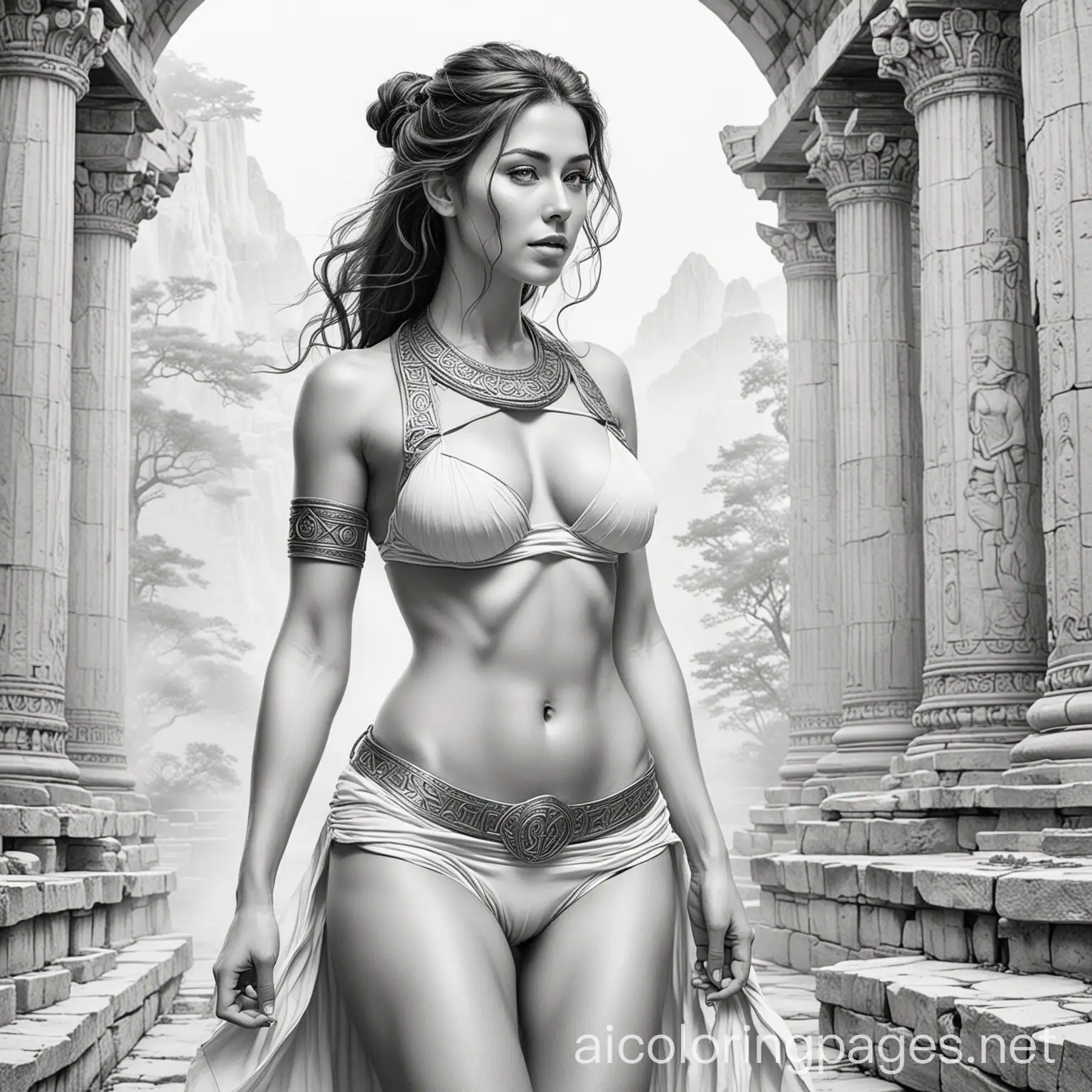 Sweaty Half naked adventurer in temple of a goddess, Coloring Page, black and white, line art, white background, Simplicity, Ample White Space. The background of the coloring page is plain white to make it easy for young children to color within the lines. The outlines of all the subjects are easy to distinguish, making it simple for kids to color without too much difficulty