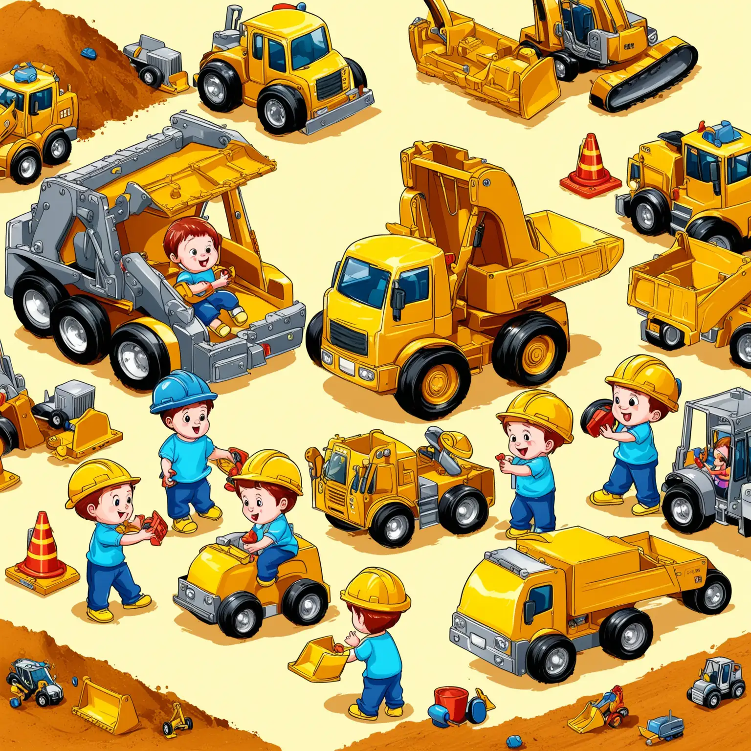 Cheerful Cartoon Kids Playing with Construction Vehicle Toys