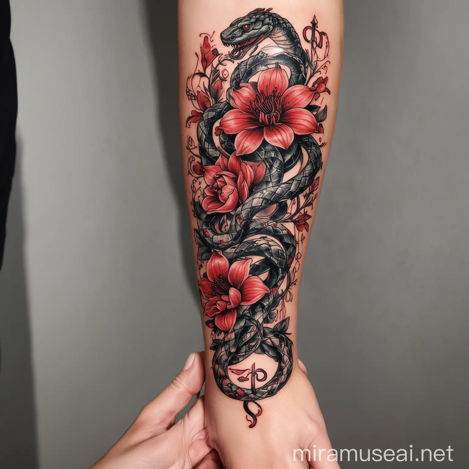 Design tattoo with red flowers and blessing sigil and snake on forearms 
