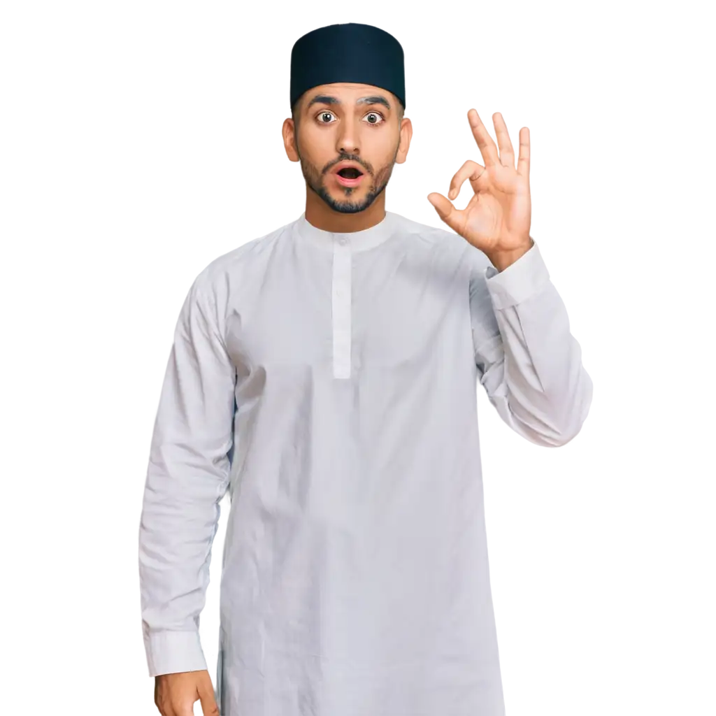 Seorang cowok muslim memakai kopiah yang terkejut, memakai pakaian ihram umroh dan kedua tangan gestur kebingungan