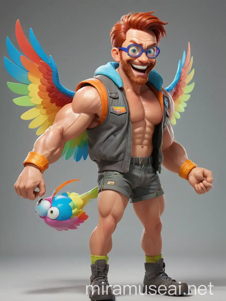 Big Eyes Subtle Smile Topless 40s Ultra beefy Red Head Bodybuilder Daddy with Beard Wearing Multi-Highlighter Bright Rainbow Colored See Through huge Eagle Wings Shoulder Jacket short shorts long legs short boots Flexing his Big Strong Arm Up with Doraemon Goggles doing a pose