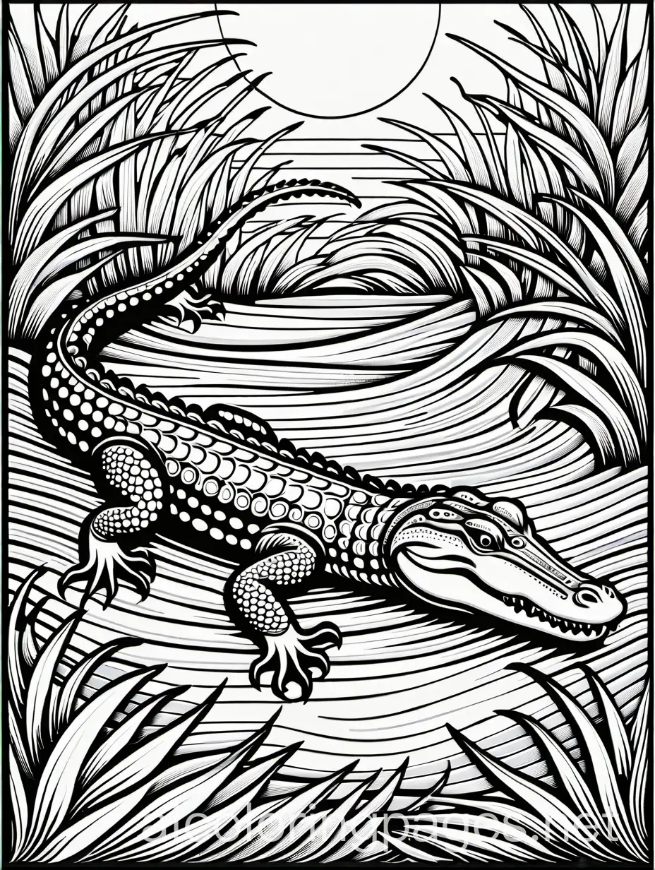 Art Nouvau Chinese alligator, styled by Aubrey Beardsley and Meghan Duncanson elegant extremely detailed intricate vibrant beautiful dynamic lighting high definition crisp quality Woodcut coherent graceful linocut, Coloring Page, black and white, line art, white background, Simplicity, Ample White Space. The background of the coloring page is plain white to make it easy for young children to color within the lines. The outlines of all the subjects are easy to distinguish, making it simple for kids to color without too much difficulty