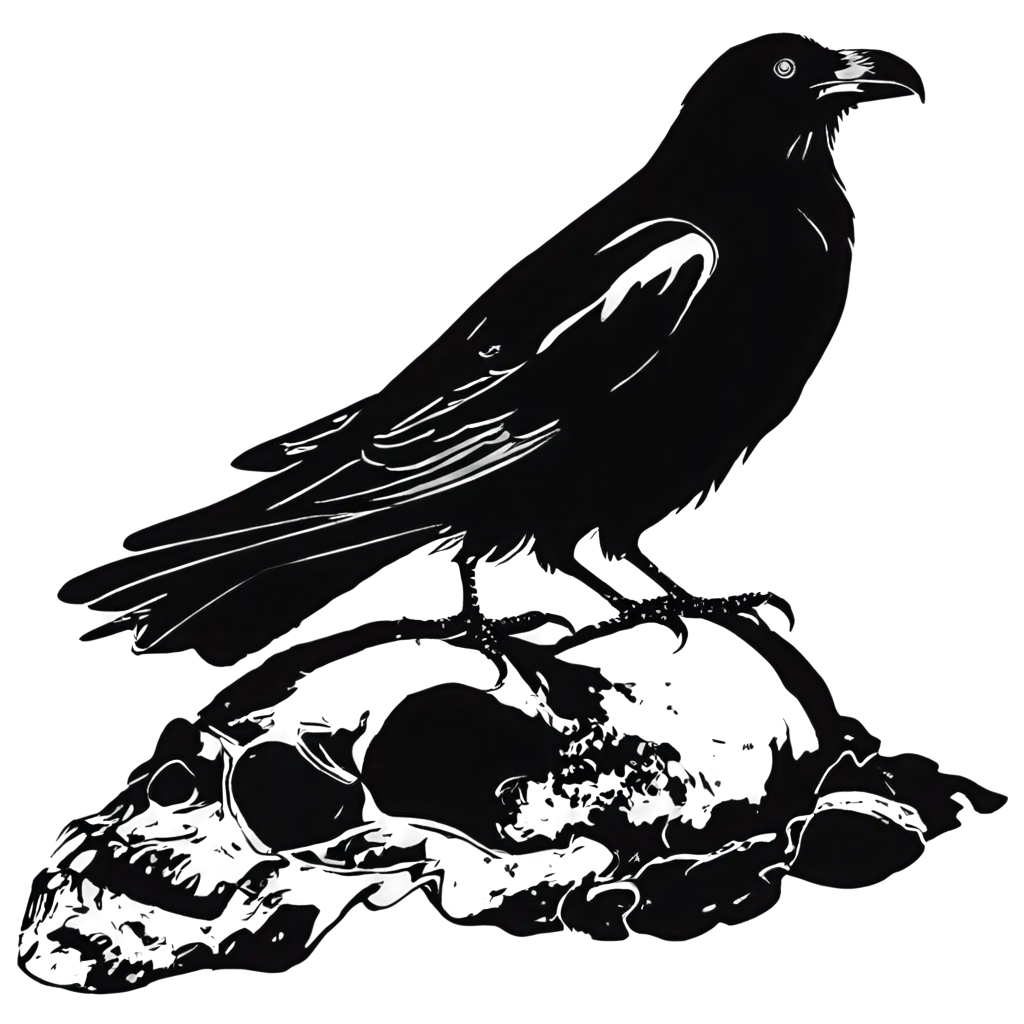 black and white silhouette raven on a skull
