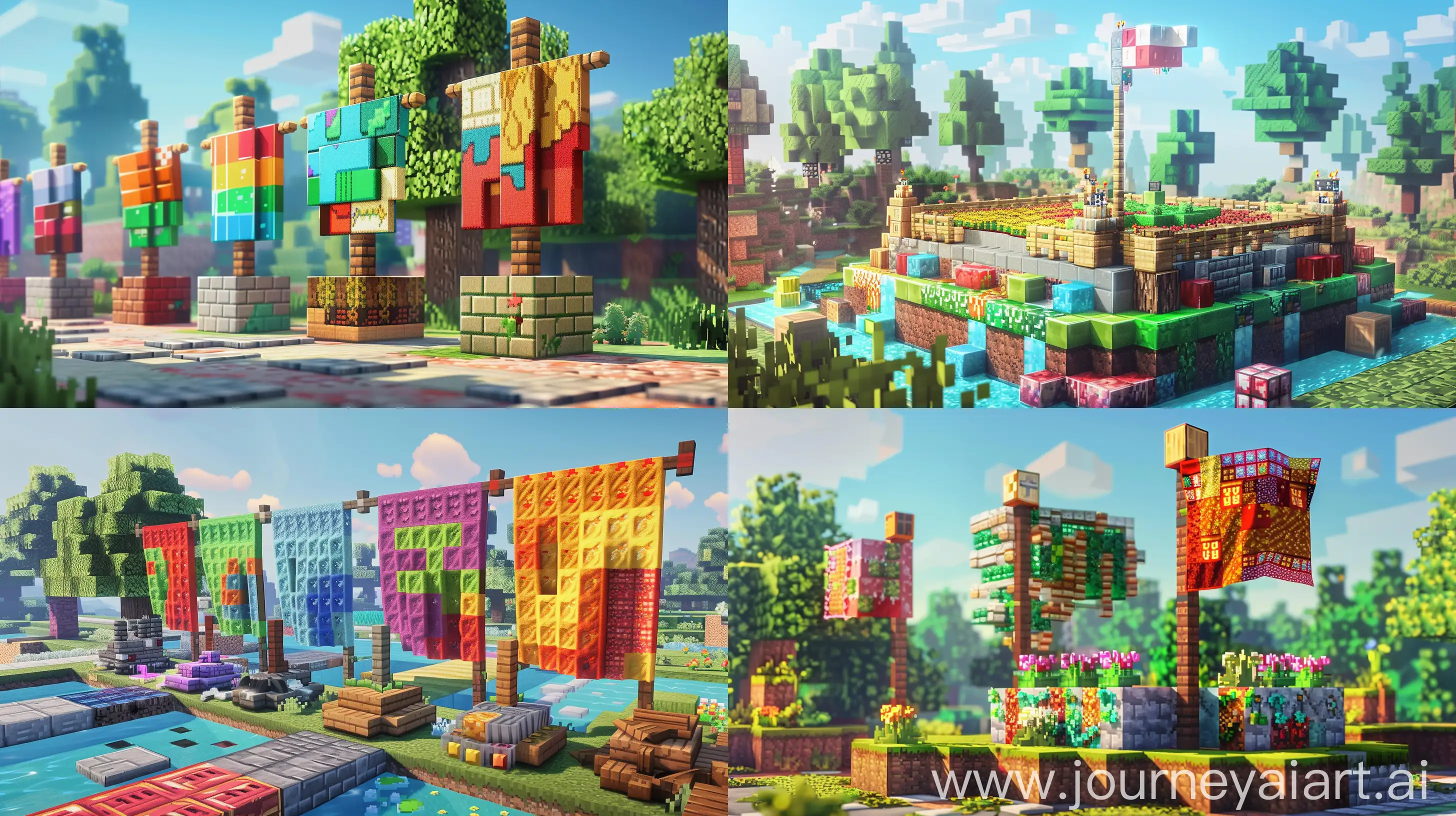 An intricate digital painting illustrating the step-by-step process of creating a basic flag in Minecraft, capturing the initial setup of the crafting area with neatly arranged blocks representing various materials like wool and wood. As the scene progresses, it showcases the construction of the flag's base with vibrant and distinct Minecraft blocks, each layer meticulously placed to form a sturdy structure. The final stages highlight the addition of intricate details and decorations, enhancing the flag with colorful patterns and textures that give it a unique character. The composition balances a vivid, playful color palette with clear, dynamic lighting, focusing on the detailed textures of the Minecraft blocks, set against a background of a typical Minecraft landscape with pixelated trees and a clear blue sky, evoking a sense of creativity and adventure in a virtual world. --ar 16:9 