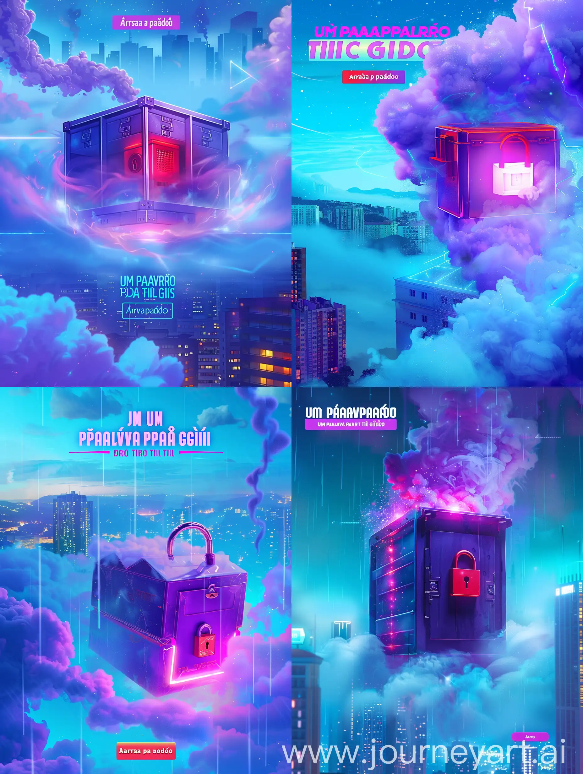 The image is a digital advertisement for a game called "Arrasta para Lado". The background is a vibrant mix of blue and purple hues, with a cityscape visible in the distance. The main focus is a large, purple-lit box with a red lock, surrounded by a cloud of purple smoke. The text "UM PALAVRRO PARA TIL GIRDS" is prominently displayed, indicating the game's title. The advertisement also includes a "Arrasta para Lado" button, suggesting the game is.