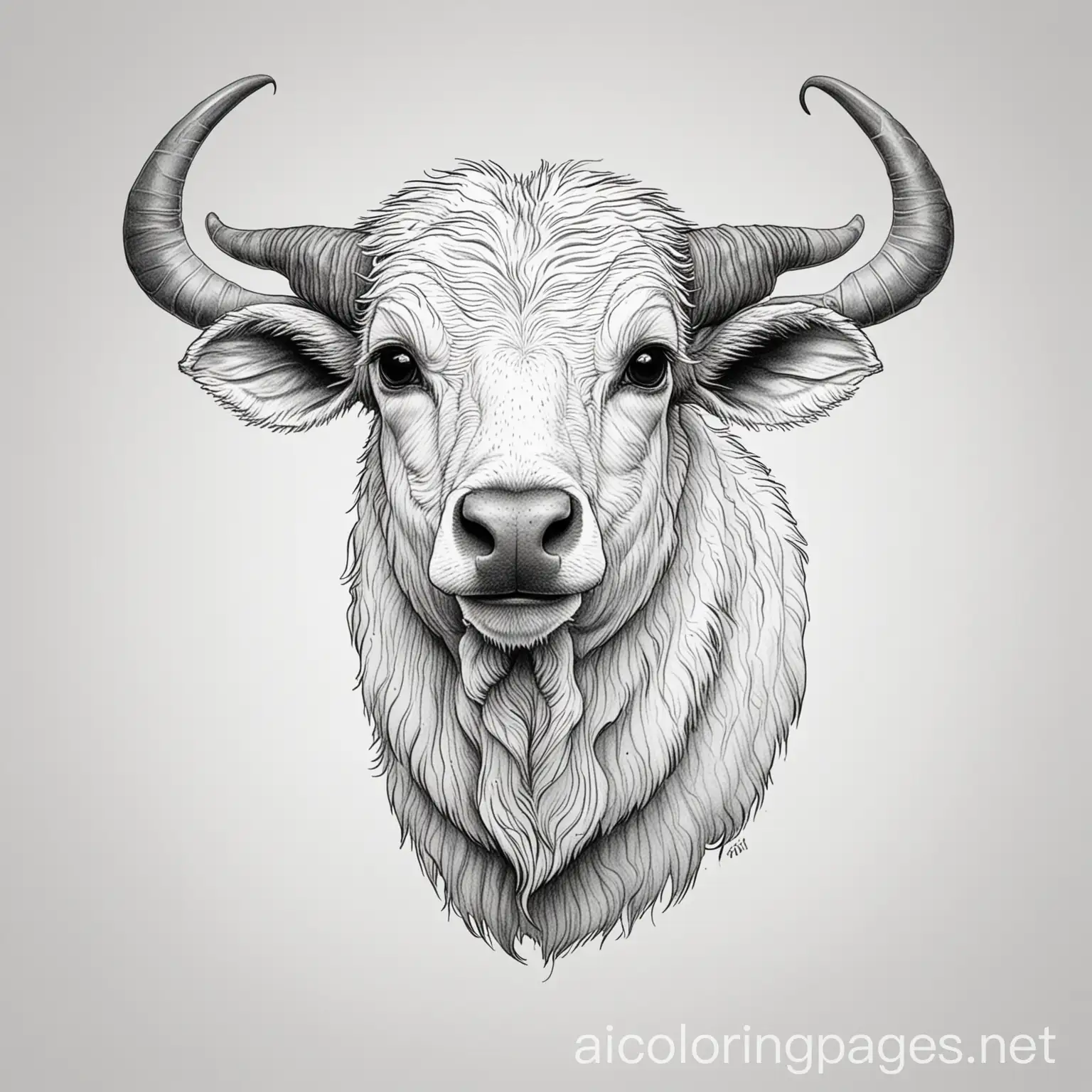 Philippine tamaraw, Coloring Page, black and white, line art, white background, Simplicity, Ample White Space. The background of the coloring page is plain white to make it easy for young children to color within the lines. The outlines of all the subjects are easy to distinguish, making it simple for kids to color without too much difficulty