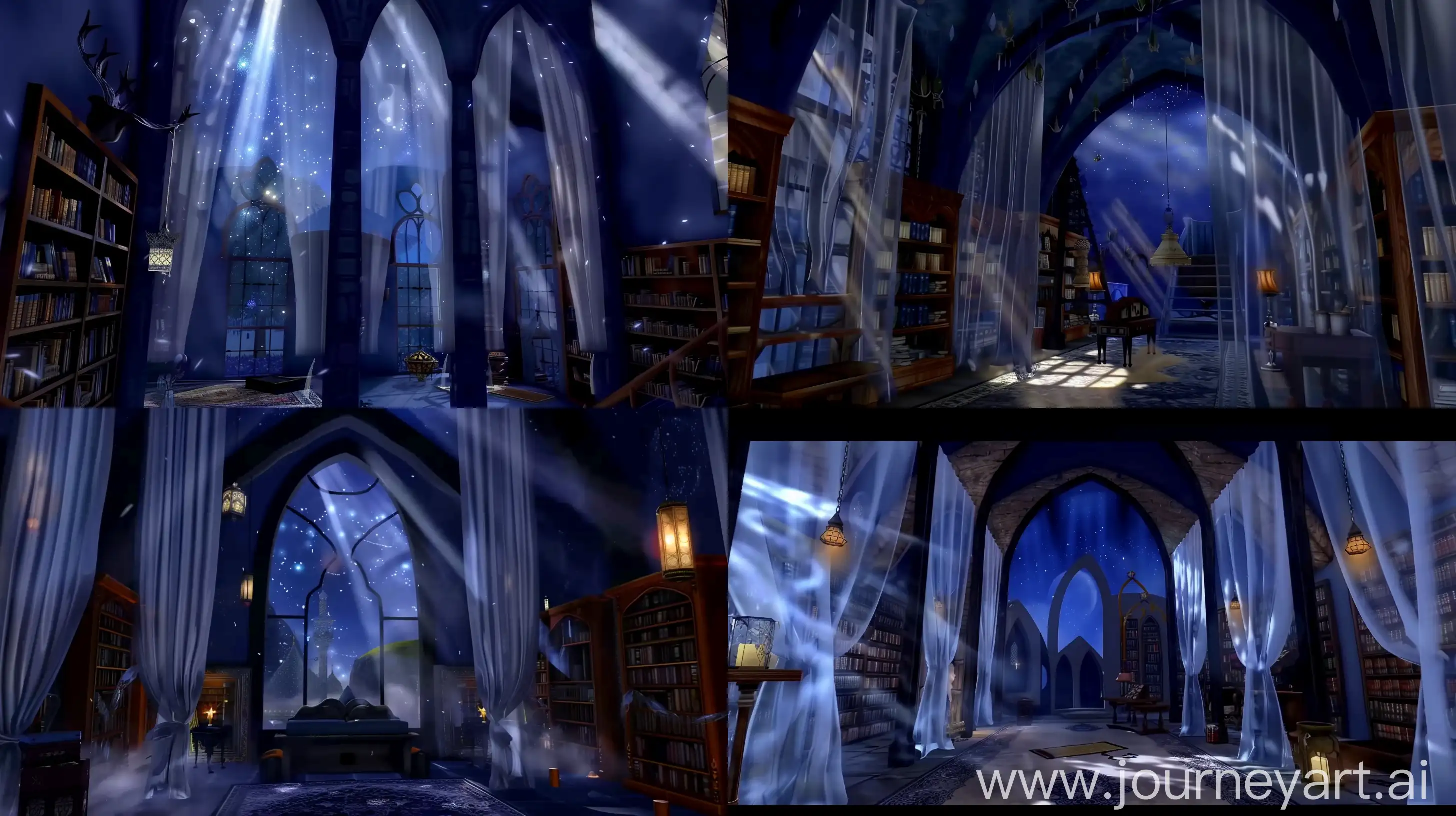 Enchanting medieval Islamic library, night sky through a long arabian shaped arch, warm ambient lighting, rays entering from sideways, transparent curtains  --sref  https://cdn.discordapp.com/attachments/1213041174428782623/1245371841657180251/IMG_20240529_185502.jpg?ex=66588268&is=665730e8&hm=799e9d1f4bb9ef2f603f72a66d559a9f700aecdd9476faec6527e527e6d5fa27& --sw 999 --ar 16:9