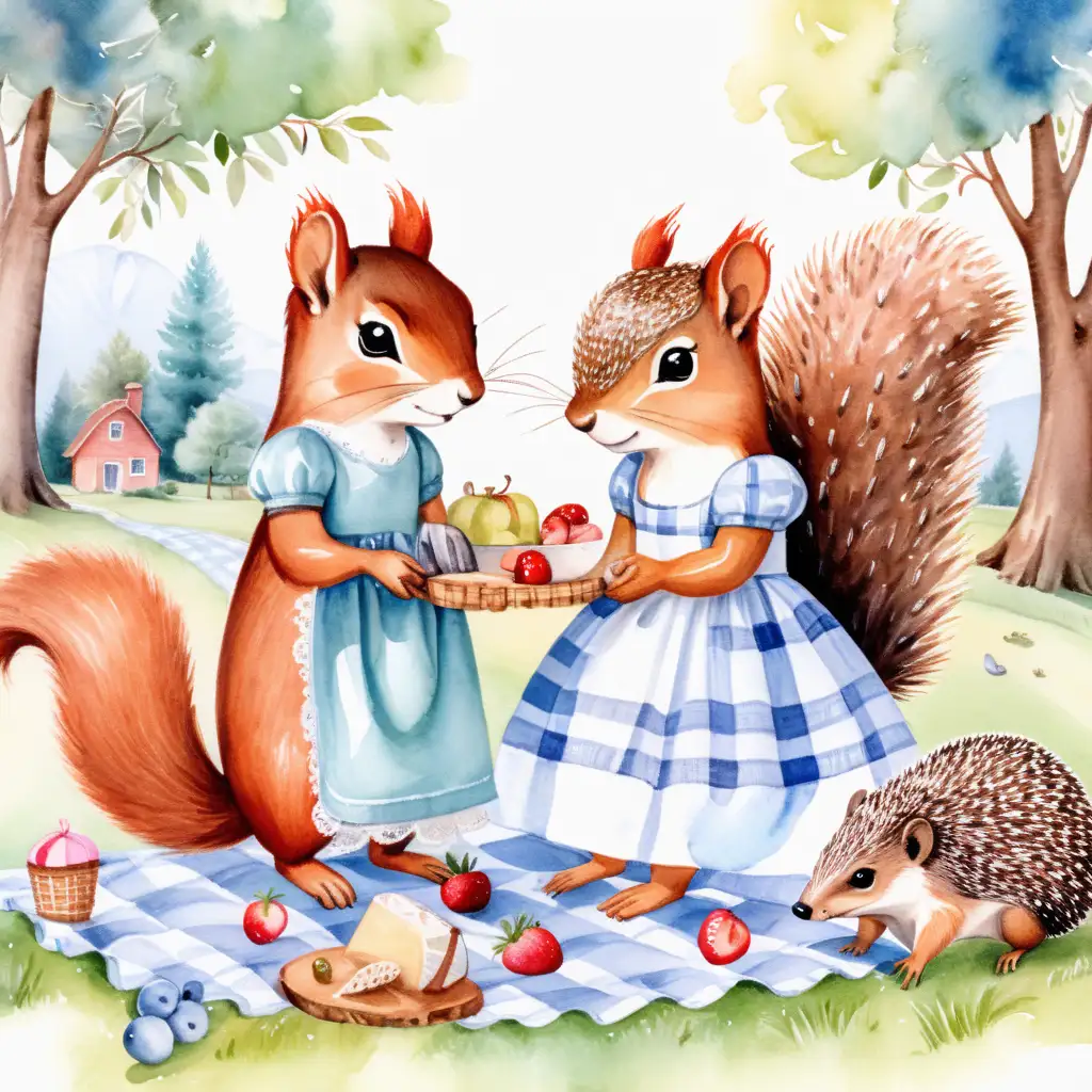 With watercolor, cute squirrel in a dress having a picnic together with a cute hedgehog in a dress
