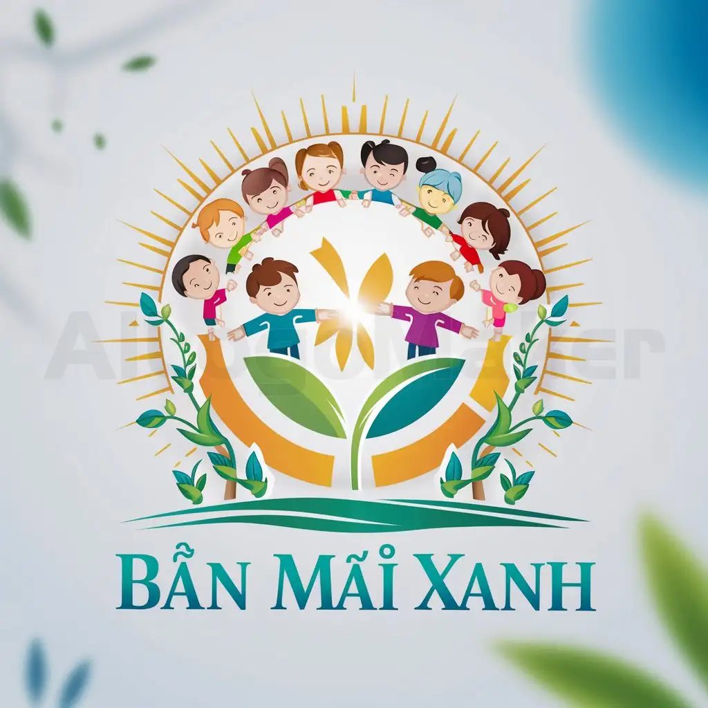 LOGO-Design-For-Ban-Mai-Xanh-Children-Holding-Hands-Encircled-by-Sun-and-Sprouting-Plants-Education-Theme