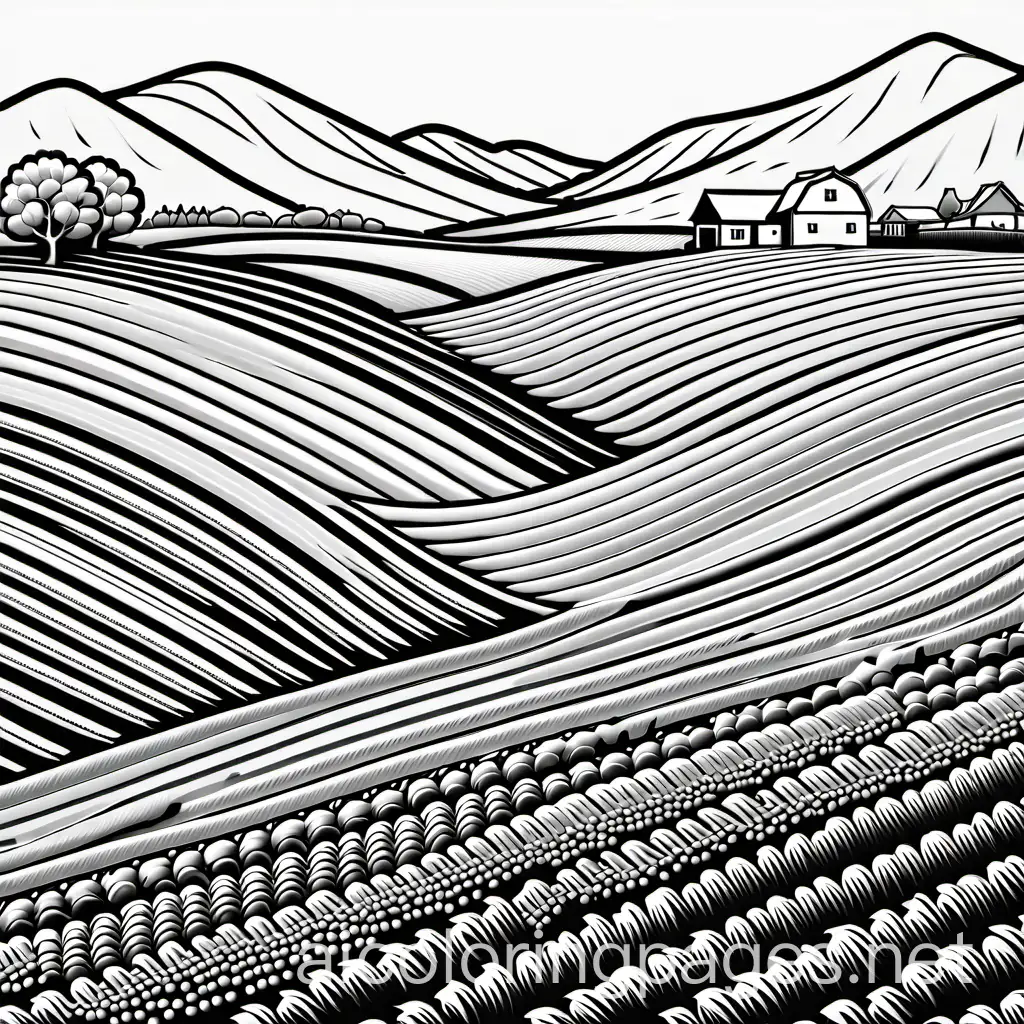 crops and farms, Coloring Page, black and white, line art, white background, Simplicity, Ample White Space. The background of the coloring page is plain white to make it easy for young children to color within the lines. The outlines of all the subjects are easy to distinguish, making it simple for kids to color without too much difficulty