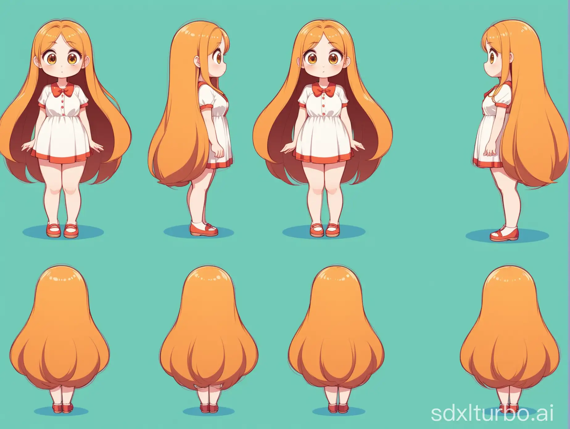 A girl, long hair, big eyes, cute, full body, five views, front view, side view, rear view, three-quarter Angle picture, cartoon animation
