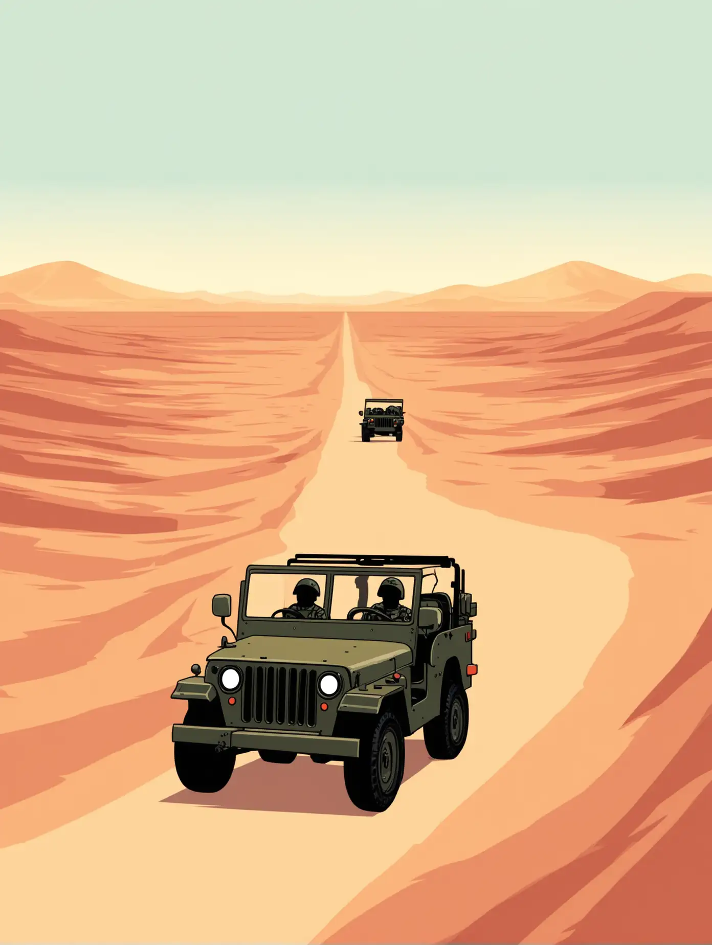 A minimalistic vector illustration of a small military jeep driving, in the distance, in a 4-color desert