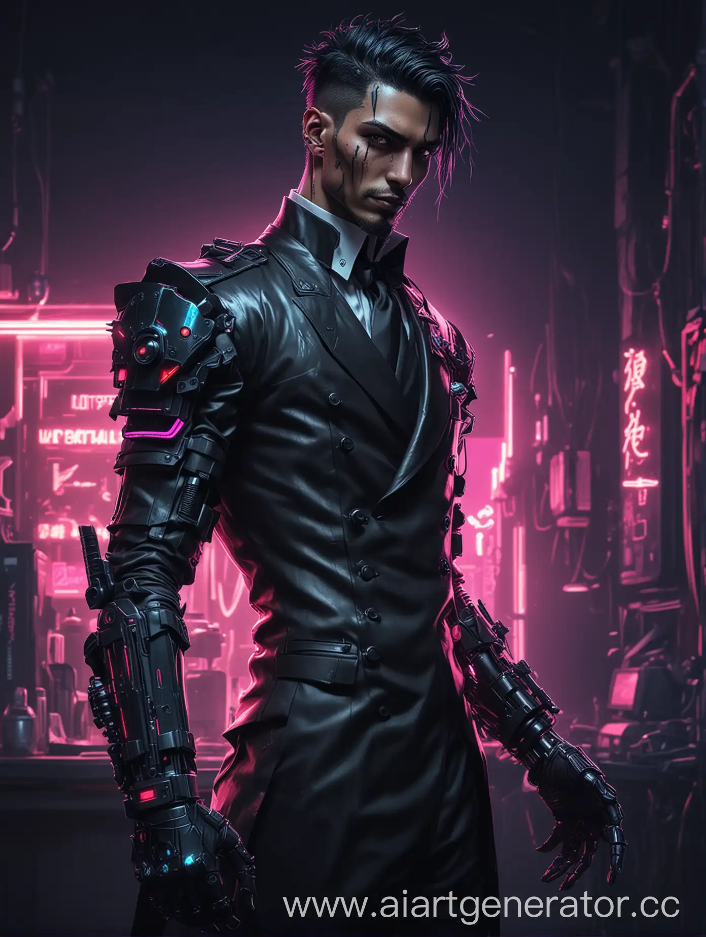 a dark butler with a cyberpunk arm, a costume in a modern style glowing neon, a background behind in the style of horror and fantasy, a lot of blurry details in the style of cyberpunk anime
