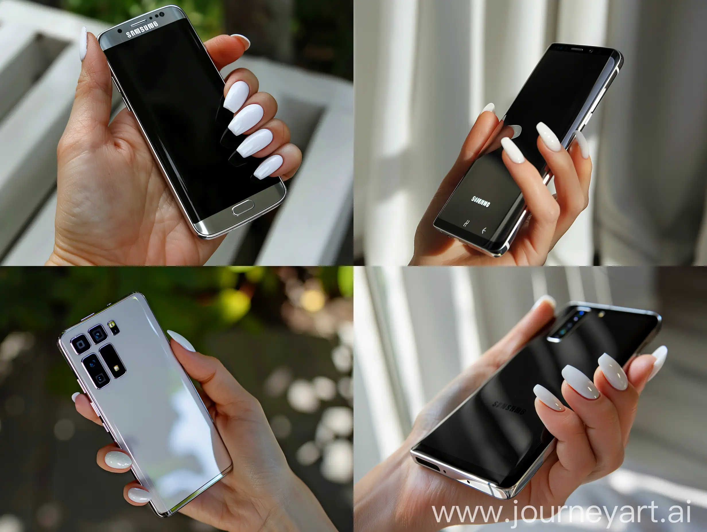 A womans hand holding a Samsung Galaxy S24, white gel nail polish, close up, professional photograph 