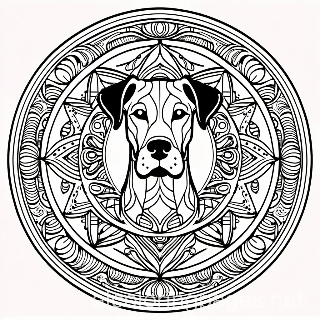 Great Dane mandala, Coloring Page, black and white, line art, white background, Simplicity, Ample White Space. The background of the coloring page is plain white to make it easy for young children to color within the lines. The outlines of all the subjects are easy to distinguish, making it simple for kids to color without too much difficulty