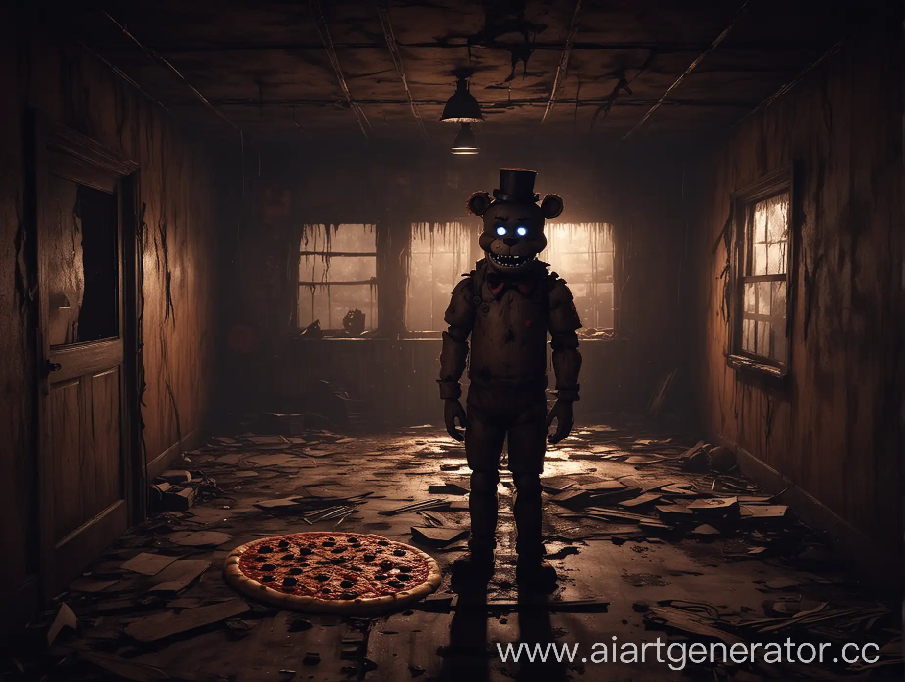 Generate a dark, atmospheric album cover for a horror cinematic music album featuring Bonnie from Five Nights at Freddy’s, standing menacingly in a dilapidated, shadow-filled Freddy Fazbear’s Pizza, with a distorted, eerie background, evoking otherworldly horror and suspense.