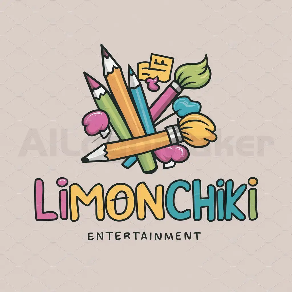 a logo design,with the text "Limonchiki", main symbol:pencils, brushes, notes, bright paints, happy fonts and colors,Moderate,be used in Entertainment industry,clear background