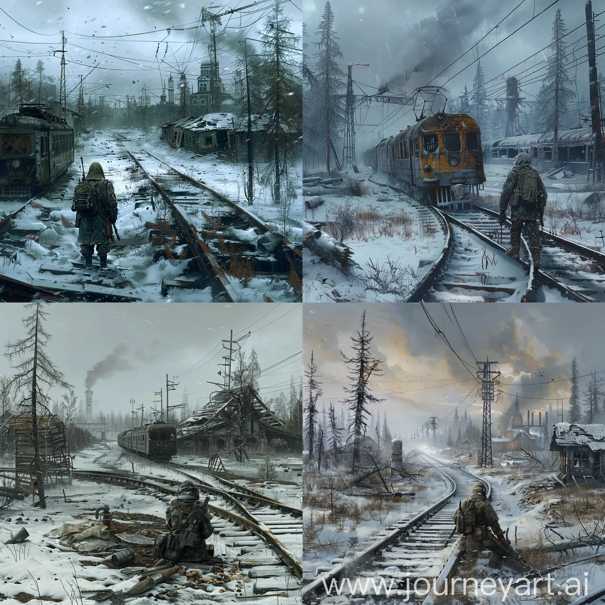 PostApocalyptic-Survivor-with-Crossbow-on-Abandoned-Railway-in-Winter-Wasteland