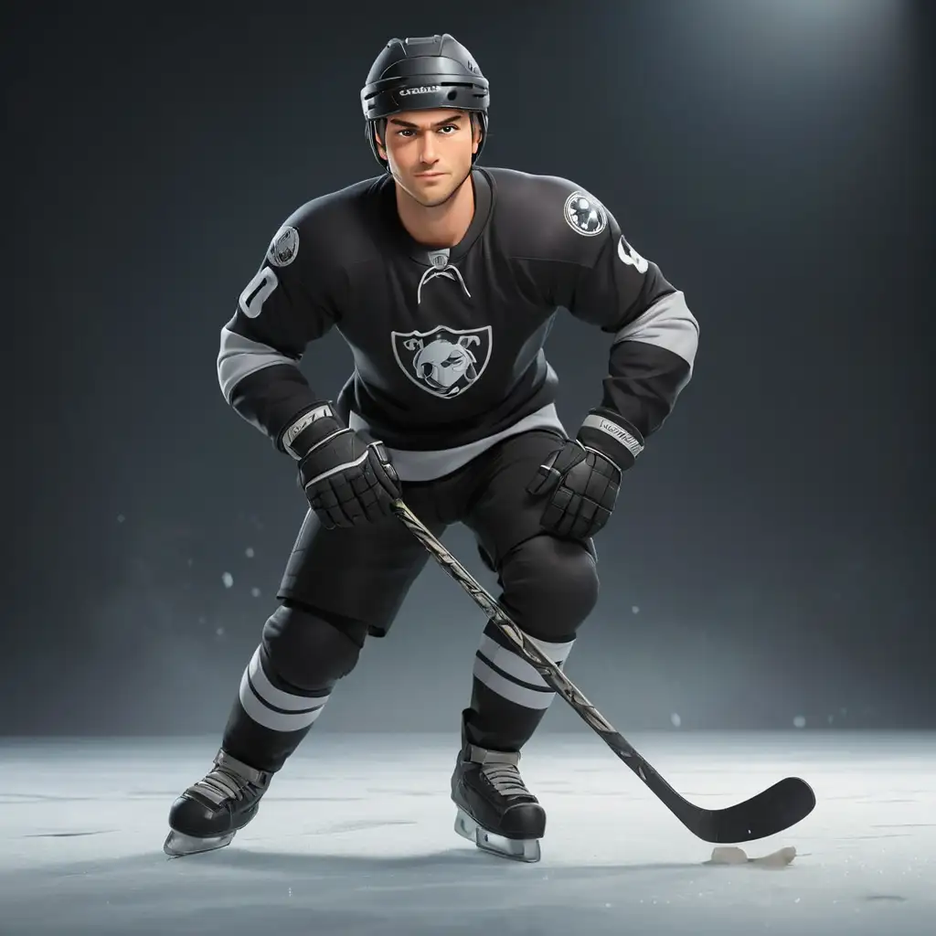 мультяшный красивый мужчина хоккеист в защитном шлеме на льду в черной форме в полный рост  