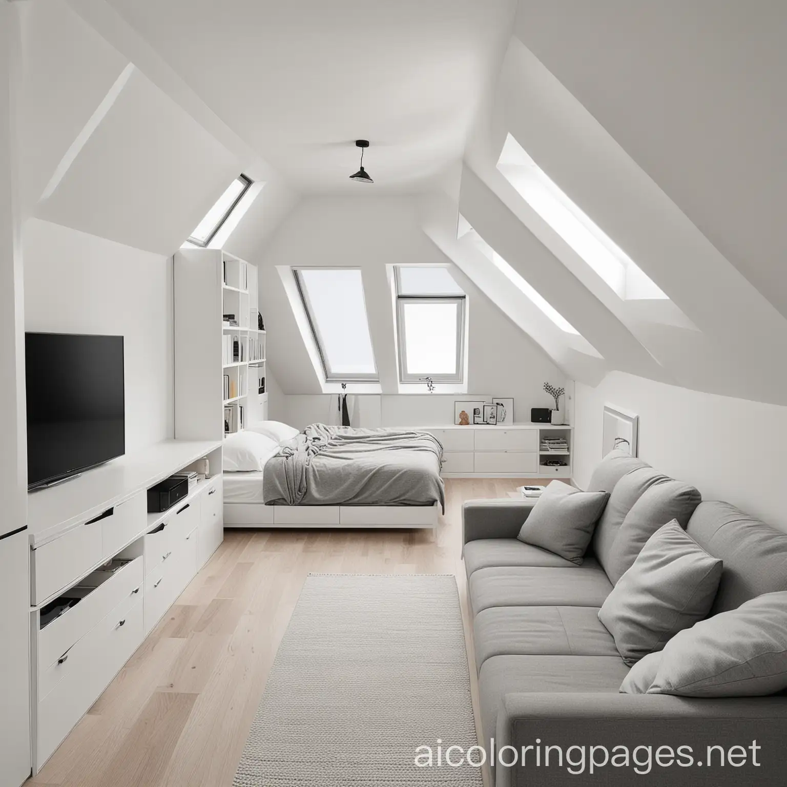 A framed attic bedroom, king sized low bed with TV stand, wall drawers and storage cupboards, a long narrow window just below the attached ceiling. By the other side of the wall there is a clothing cupboard with sliding door. Couch by the stairs going down. , Coloring Page, black and white, line art, white background, Simplicity, Ample White Space.